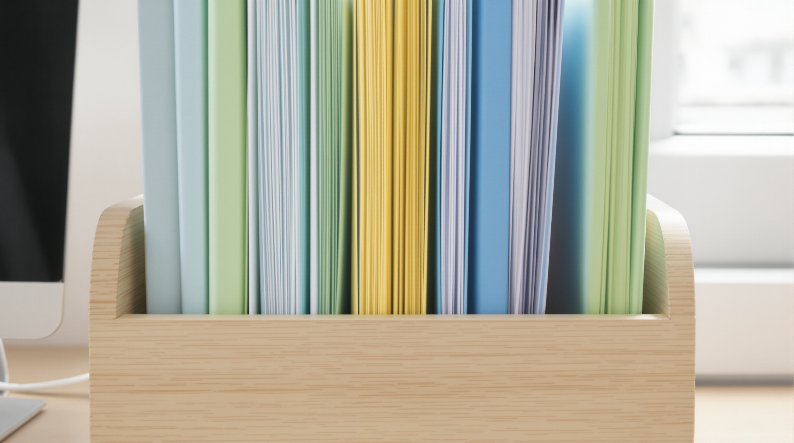 Colorful file folders standing upright in a wooden desk organizer in soft diffused light