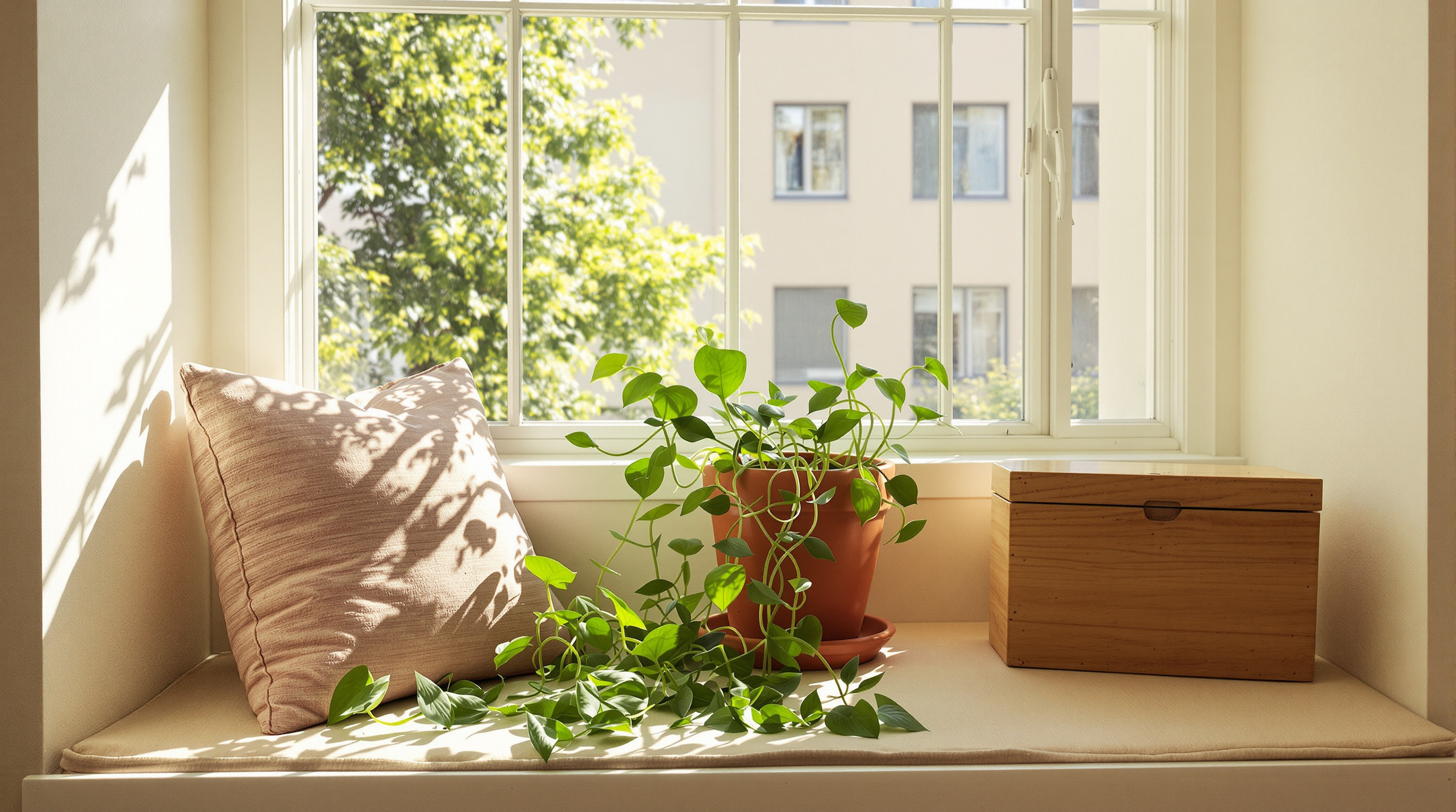 A sunlit window seat with a cushion, a trailing pothos in a terracotta pot and a closed wooden box
