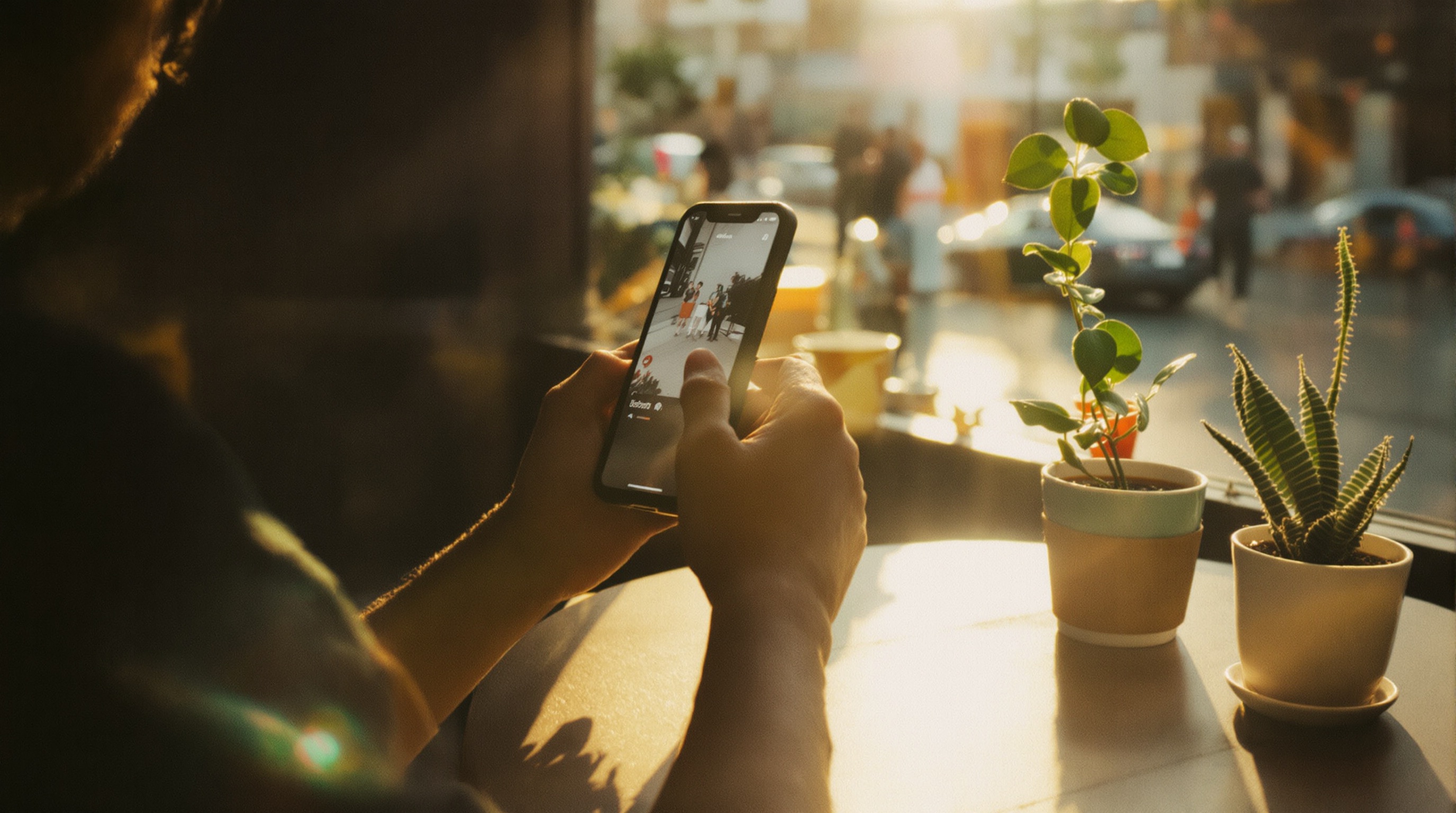 Hands holding a smartphone with a privacy lock icon on screen, warm golden hour side light, shallow depth of field, Nikon Z6 with 50mm f/1.4, Kodak Portra 400 color palette, slight grain