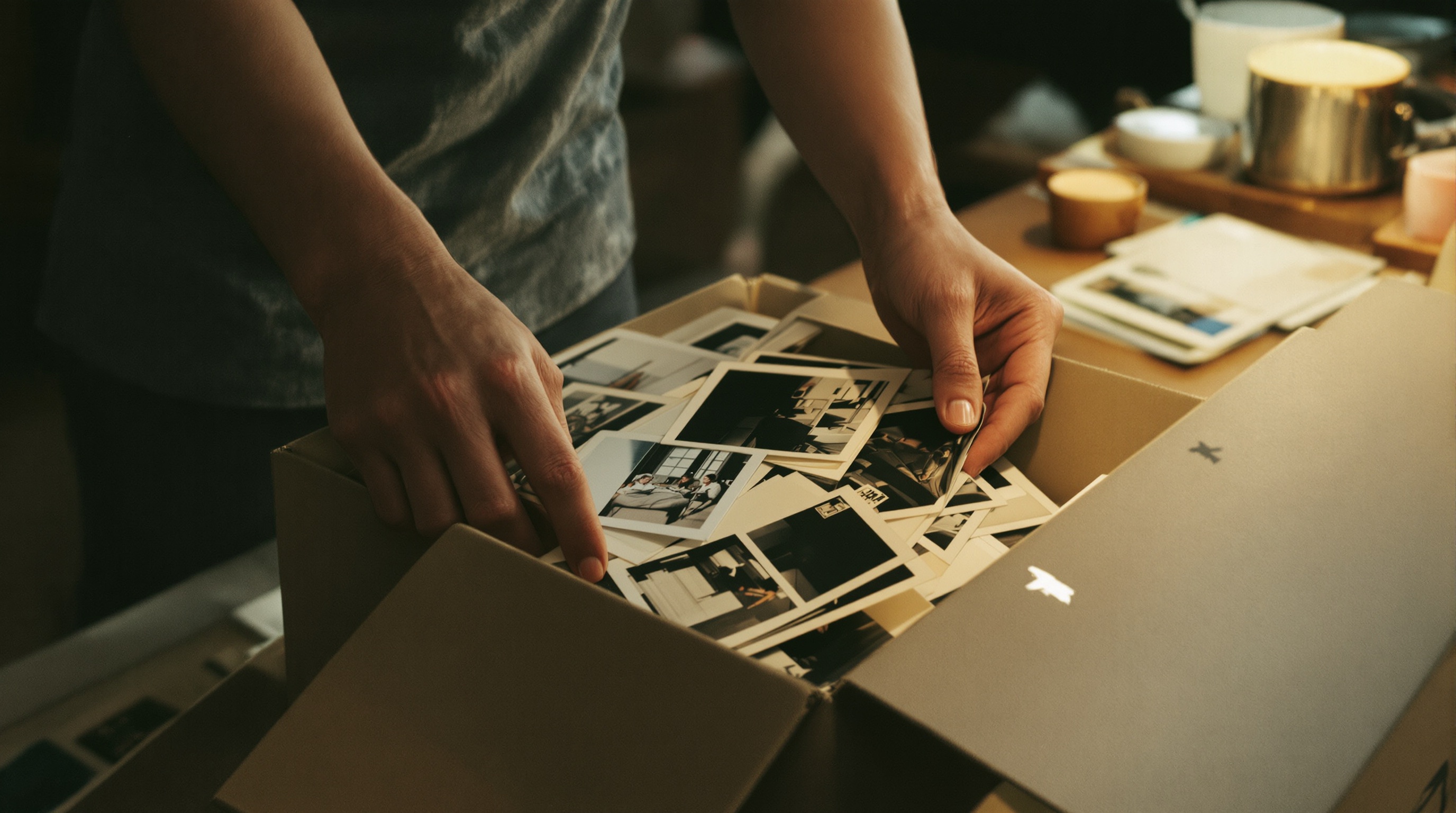 Close-up of hands sorting through a box of old printed photographs at a kitchen table under warm tungsten lighting