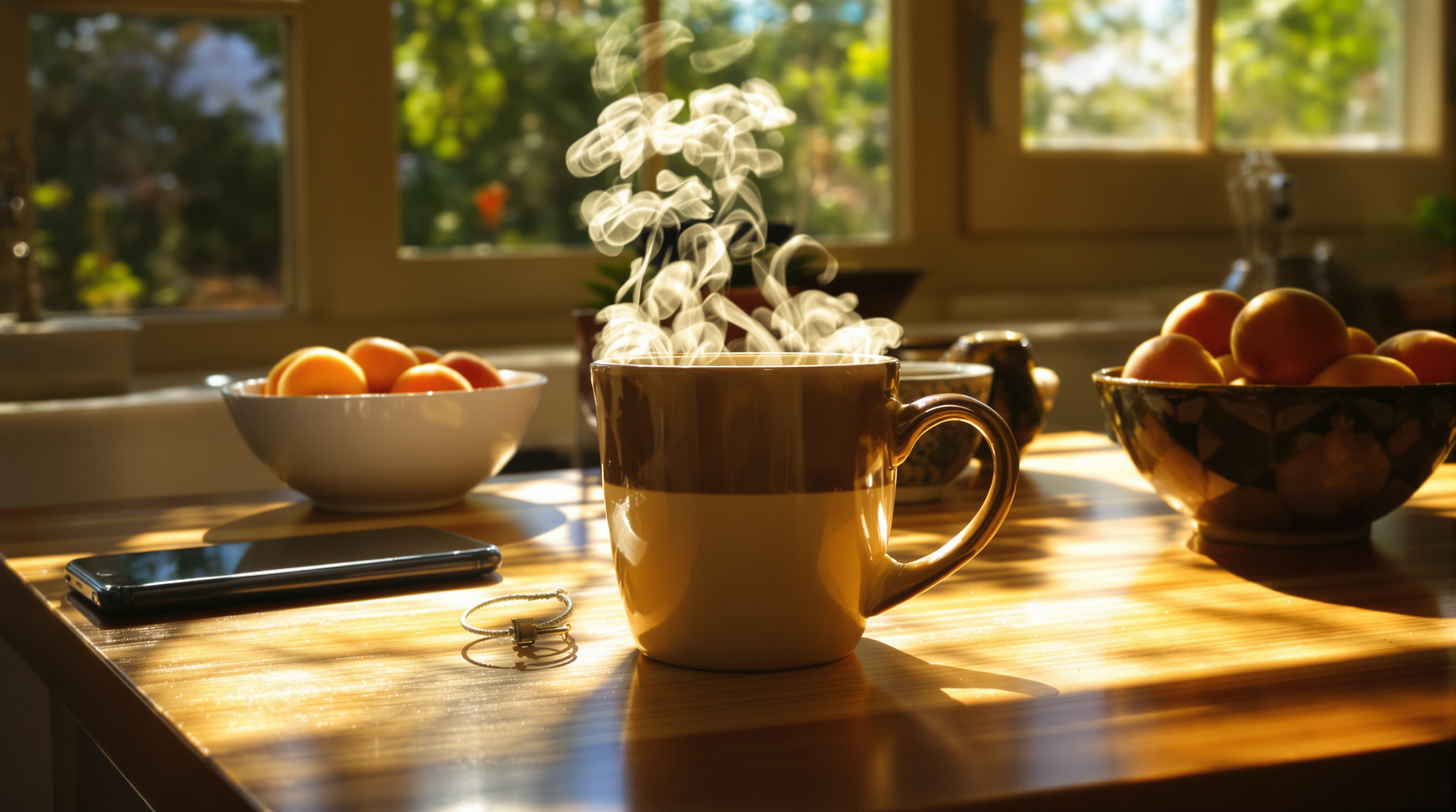A sunlit kitchen table with a steaming mug, bowls of apricots and a phone lying face down and dark at the edge of the table