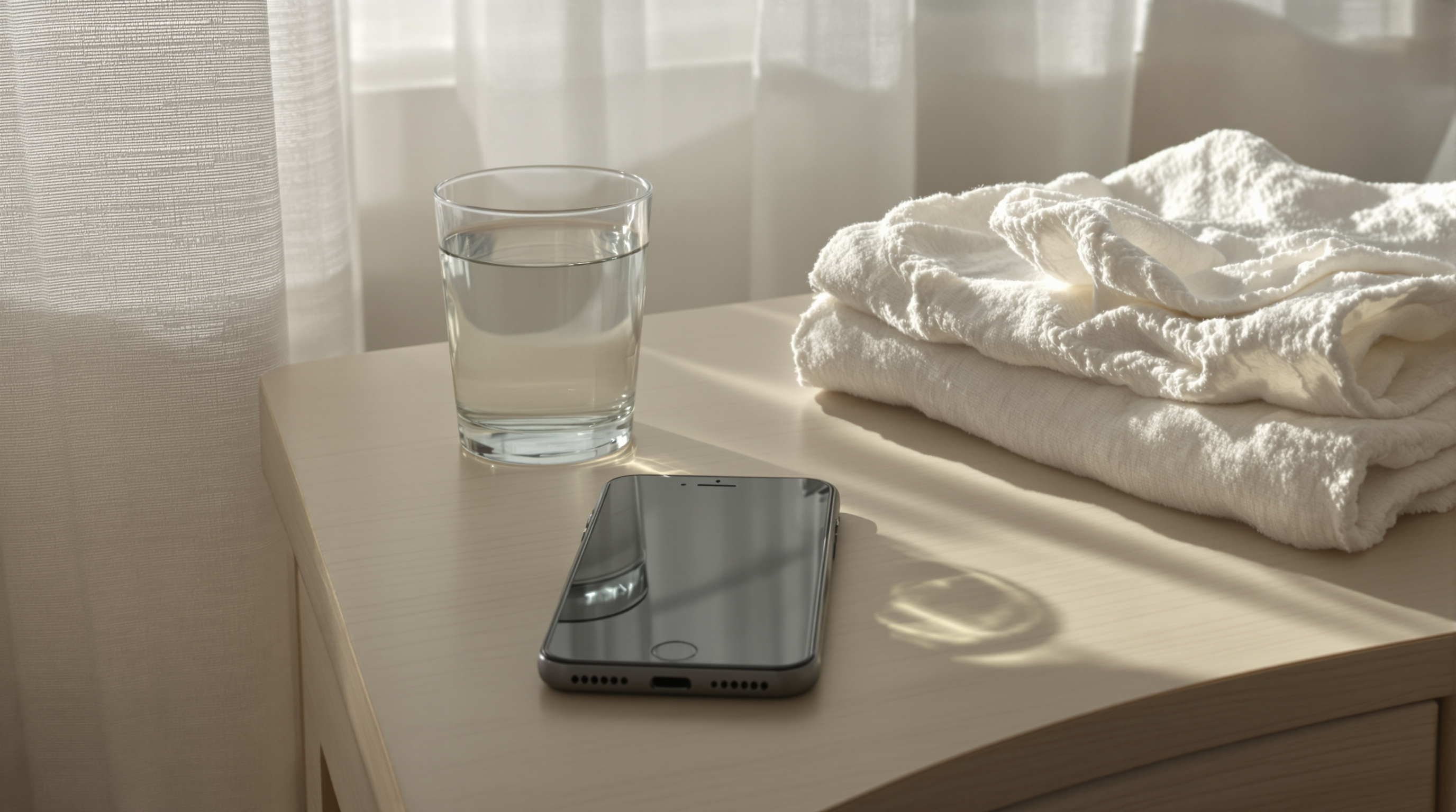 A phone lying dark and silent on a pale bedside table beside a glass of water in soft early-morning light through a linen curtain