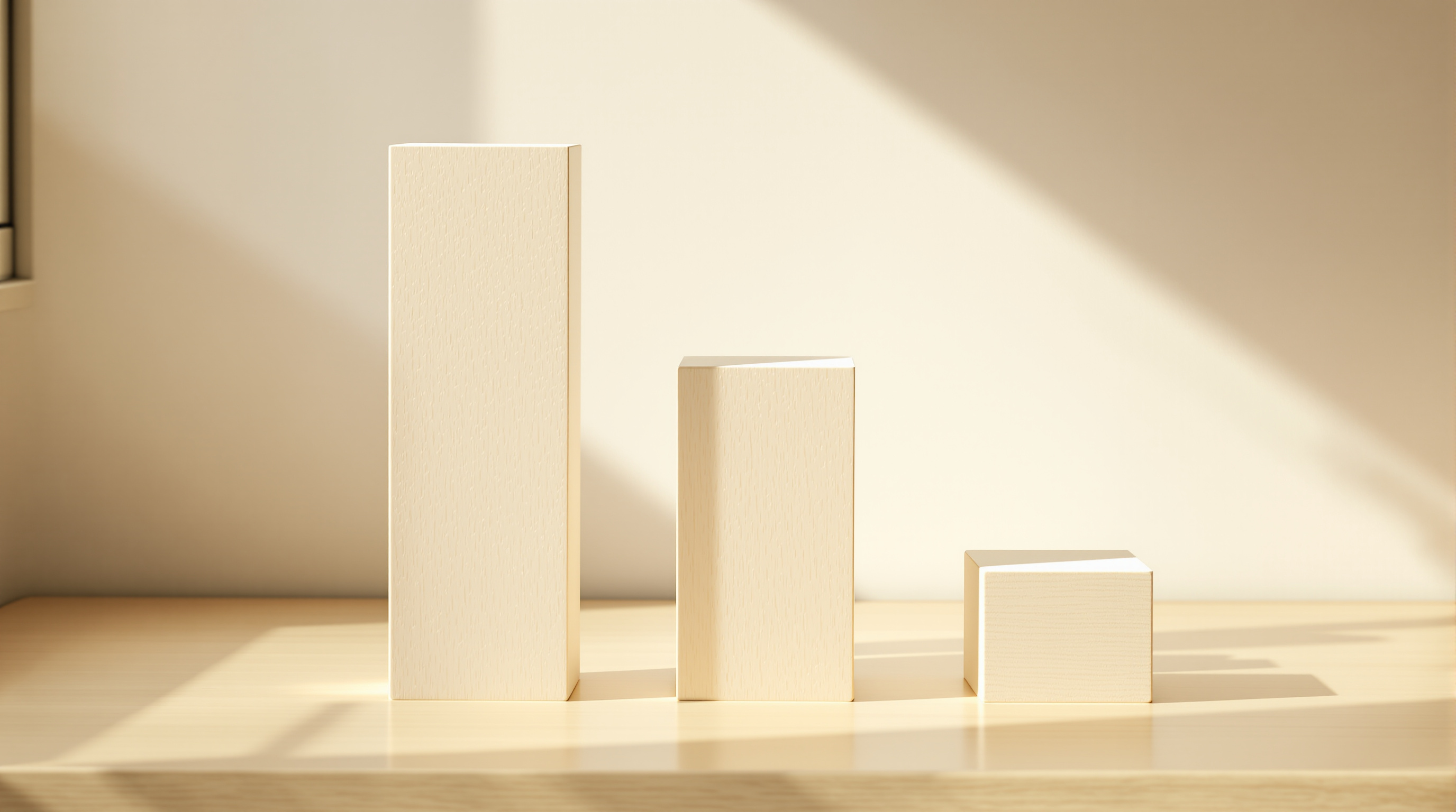 Three pale wooden blocks standing in a clear descending staircase on a sunlit desk, the tallest at the left and a small cube at the right