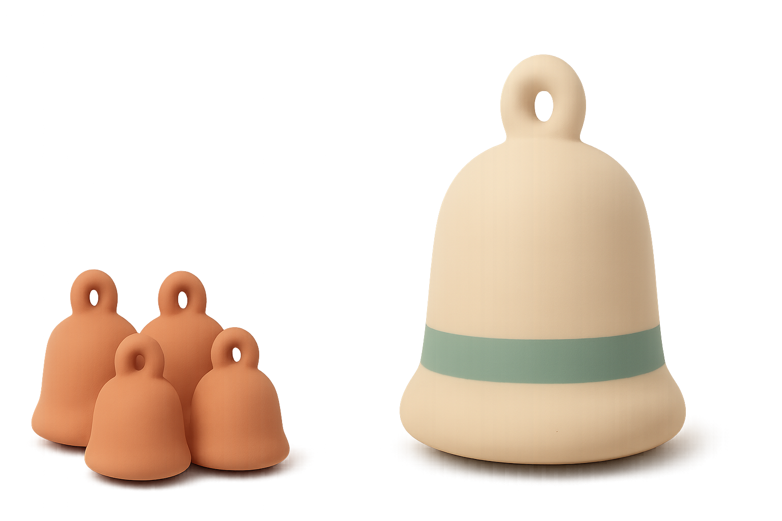 A rounded illustration of a cluster of small bells beside one much larger bell banded in teal