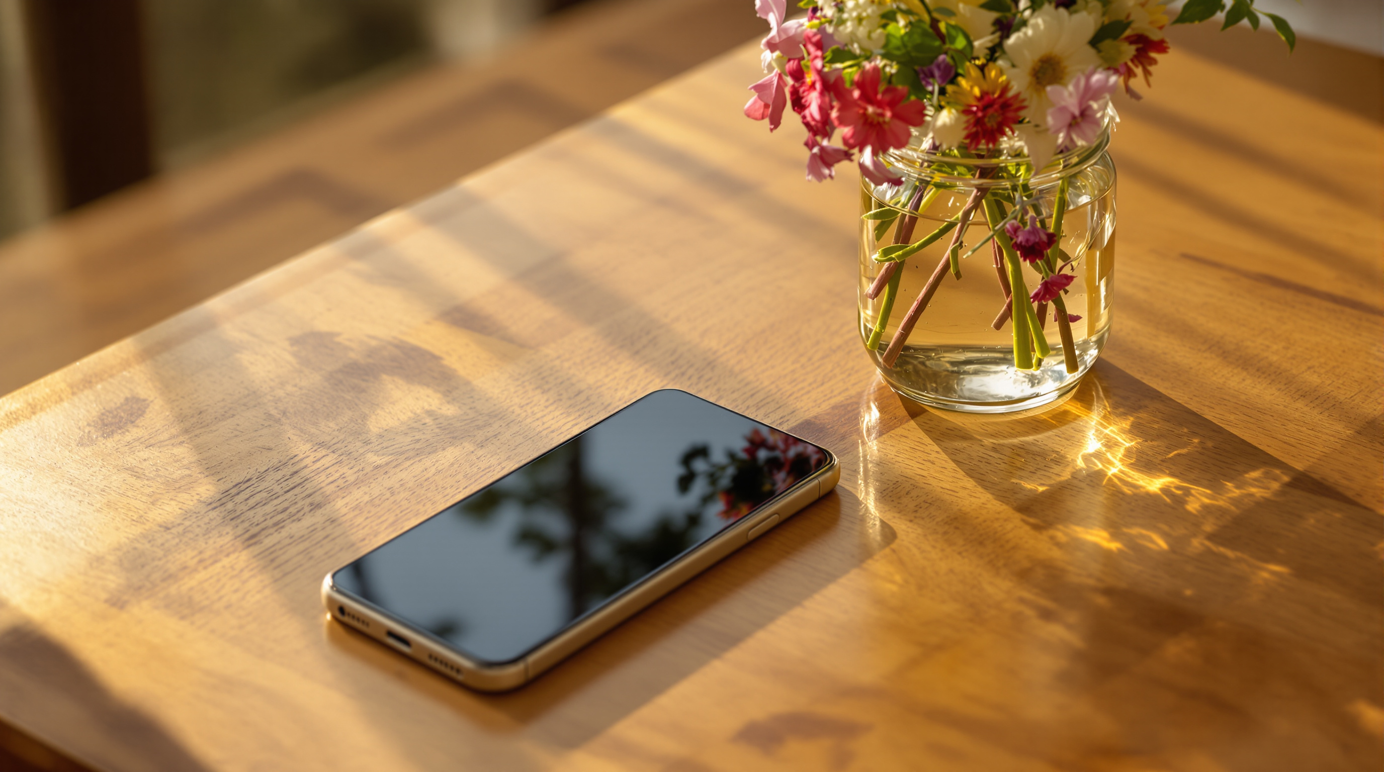 A phone resting face down beside a jar of garden flowers on a wooden table in golden evening light