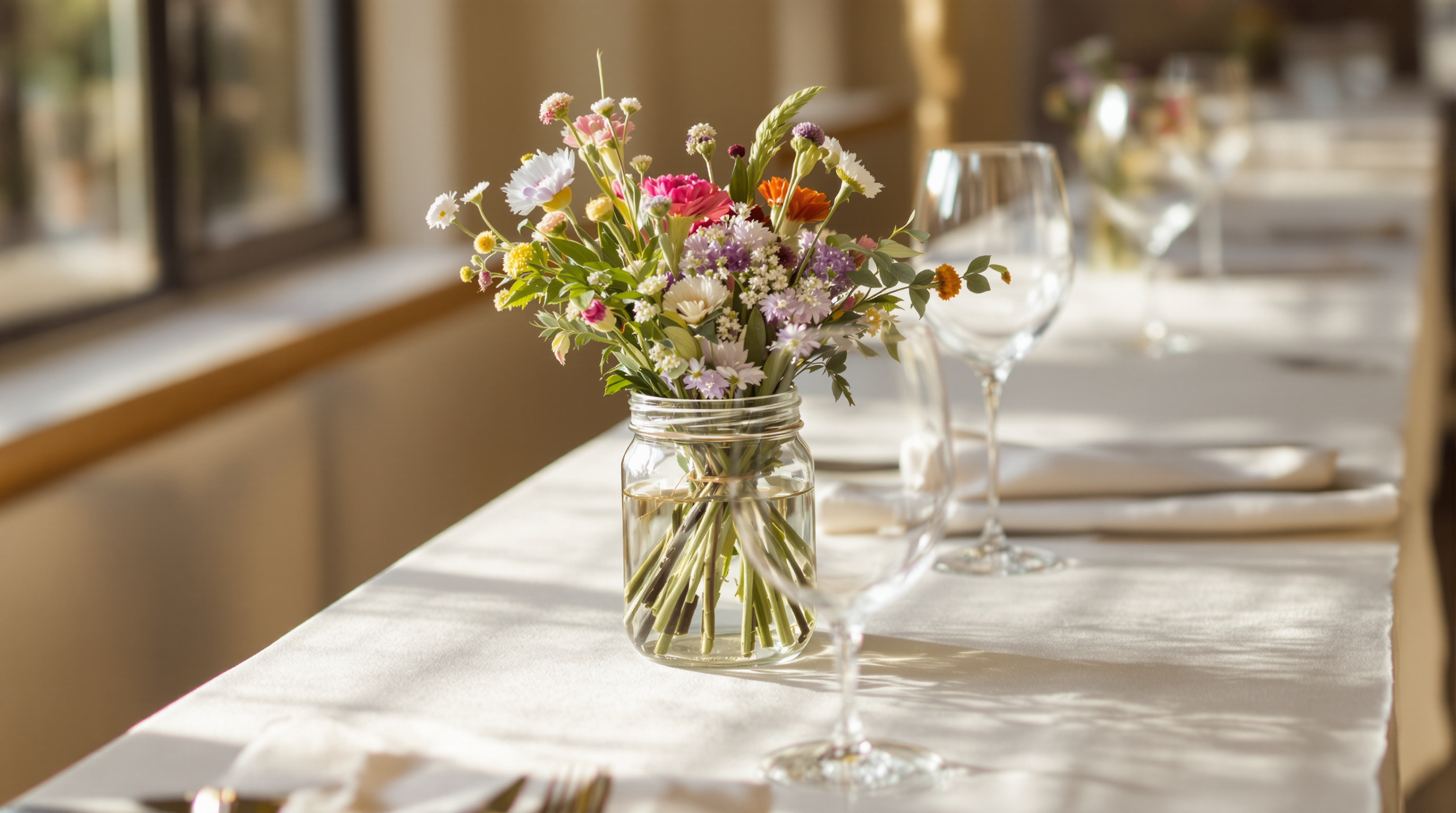 A jam jar of garden flowers on a sunlit reception table beside two wine glasses and a folded linen napkin