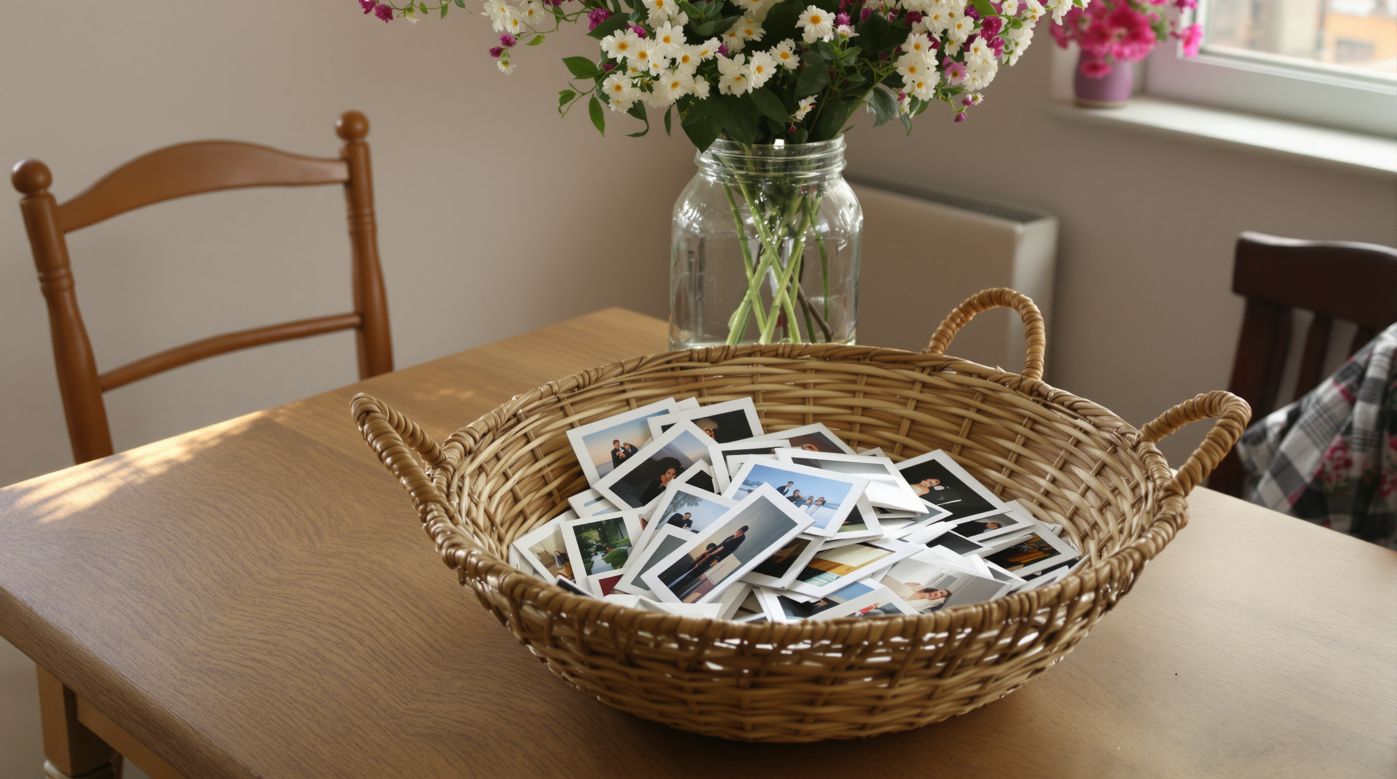 A shallow woven basket holding a loose pile of photographic prints on a warm wooden table beside a jar of flowers