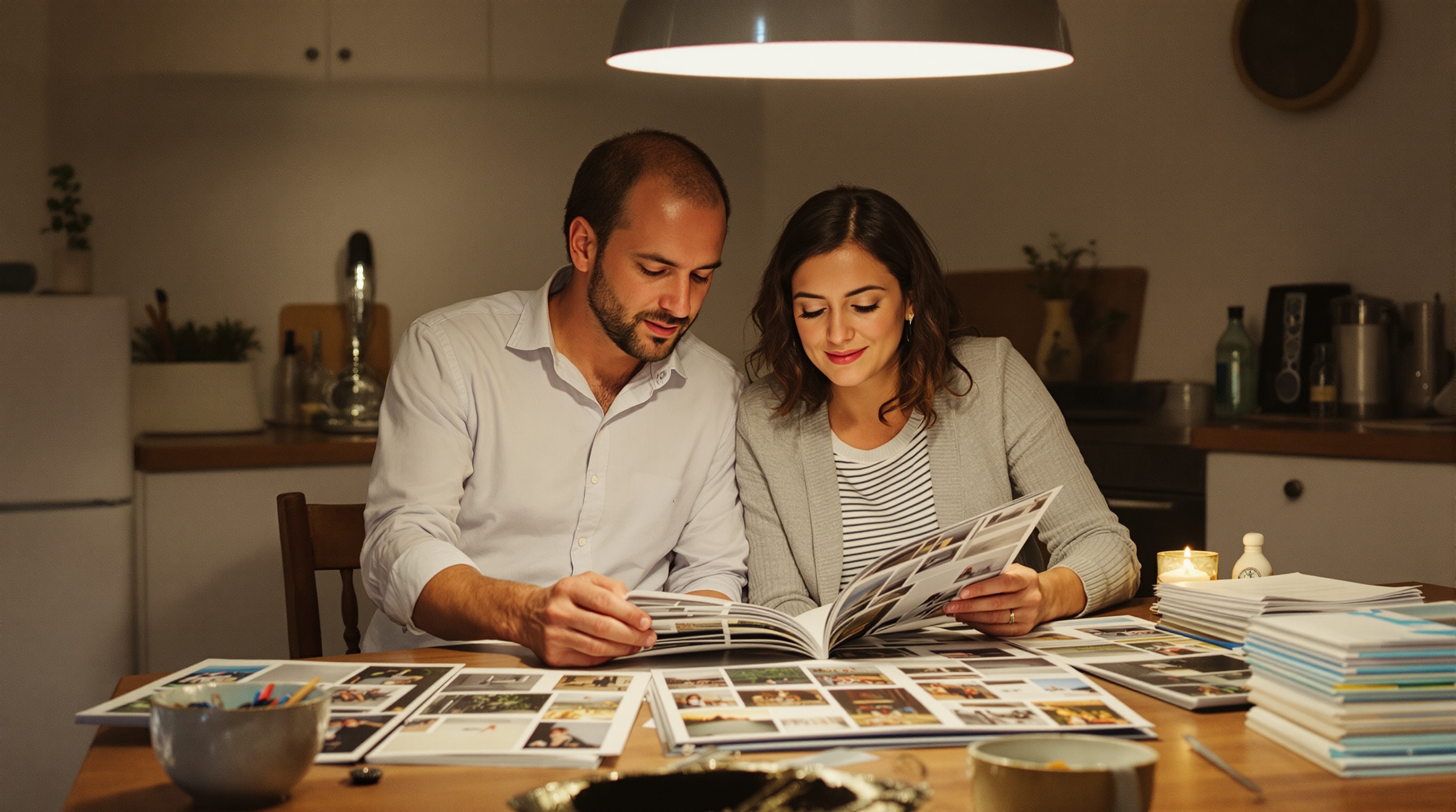 Two people looking at printed photographs together at a kitchen table, warm overhead pendant light, candid documentary style