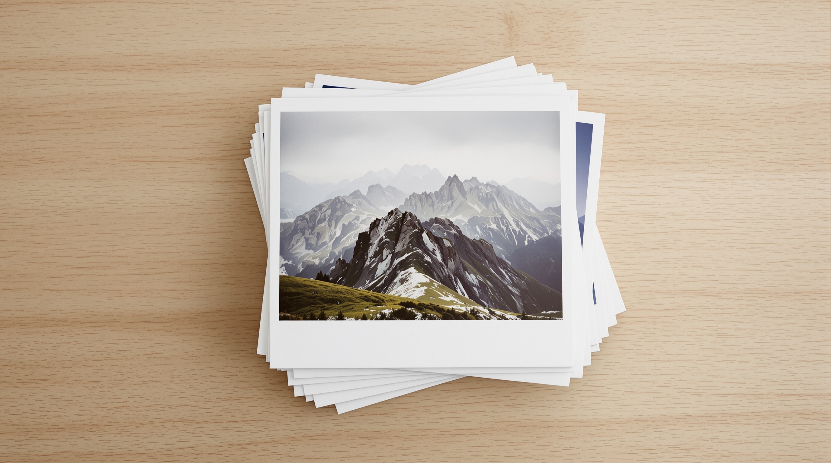 Stack of printed photographs on a light wooden table, top photo showing a mountain landscape, shot from above with soft diffused light