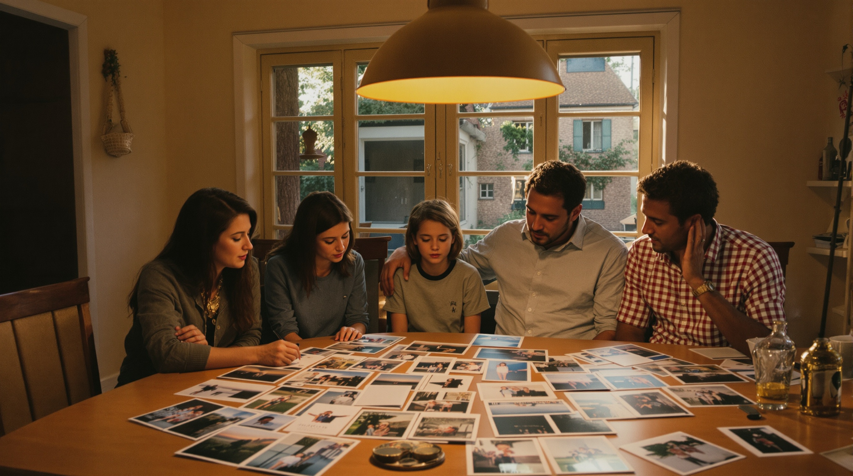 A family looking at photo prints spread across a dining table, warm evening light from a pendant lamp, shot on Leica Q2 with 28mm f/1.7, warm amber tones, candid composition