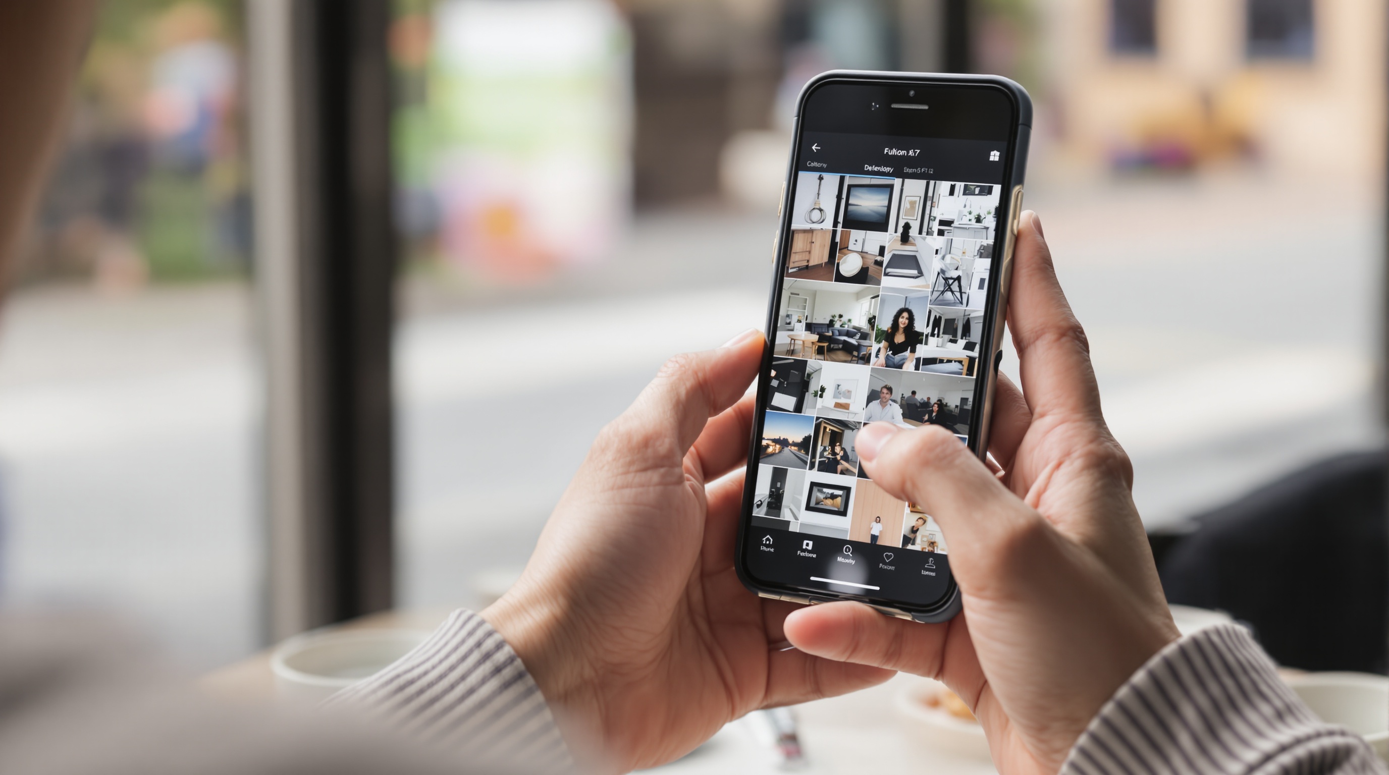A close-up of a phone screen showing a photo gallery grid with a translucent lock overlay, soft natural light from a window, shot on Fujifilm X-T5 with 35mm f/1.4, neutral tones