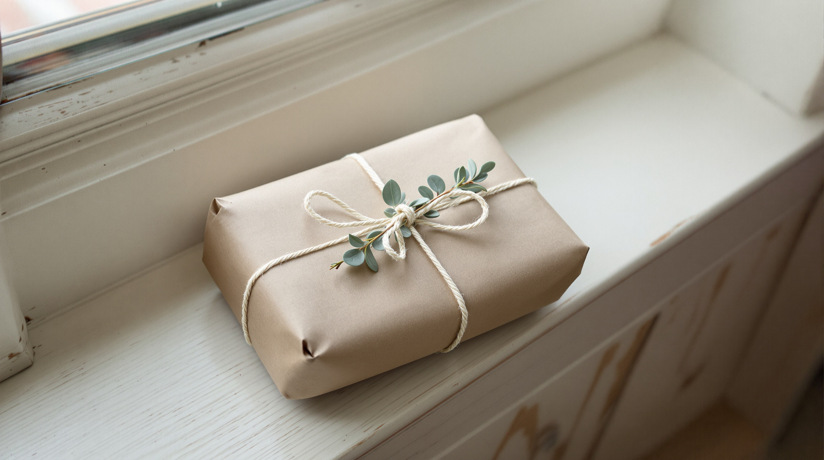 A small parcel wrapped in brown paper and tied with cotton twine, sitting on a painted windowsill in warm morning light