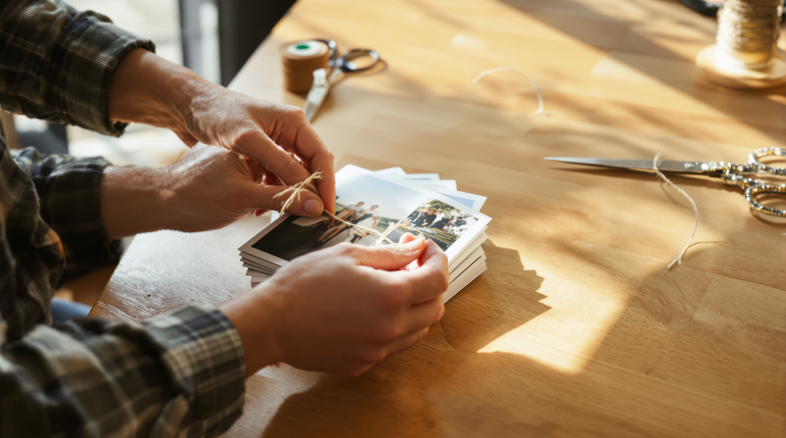 Two hands tying cotton twine around a small stack of printed photographs on a kitchen table in warm afternoon light