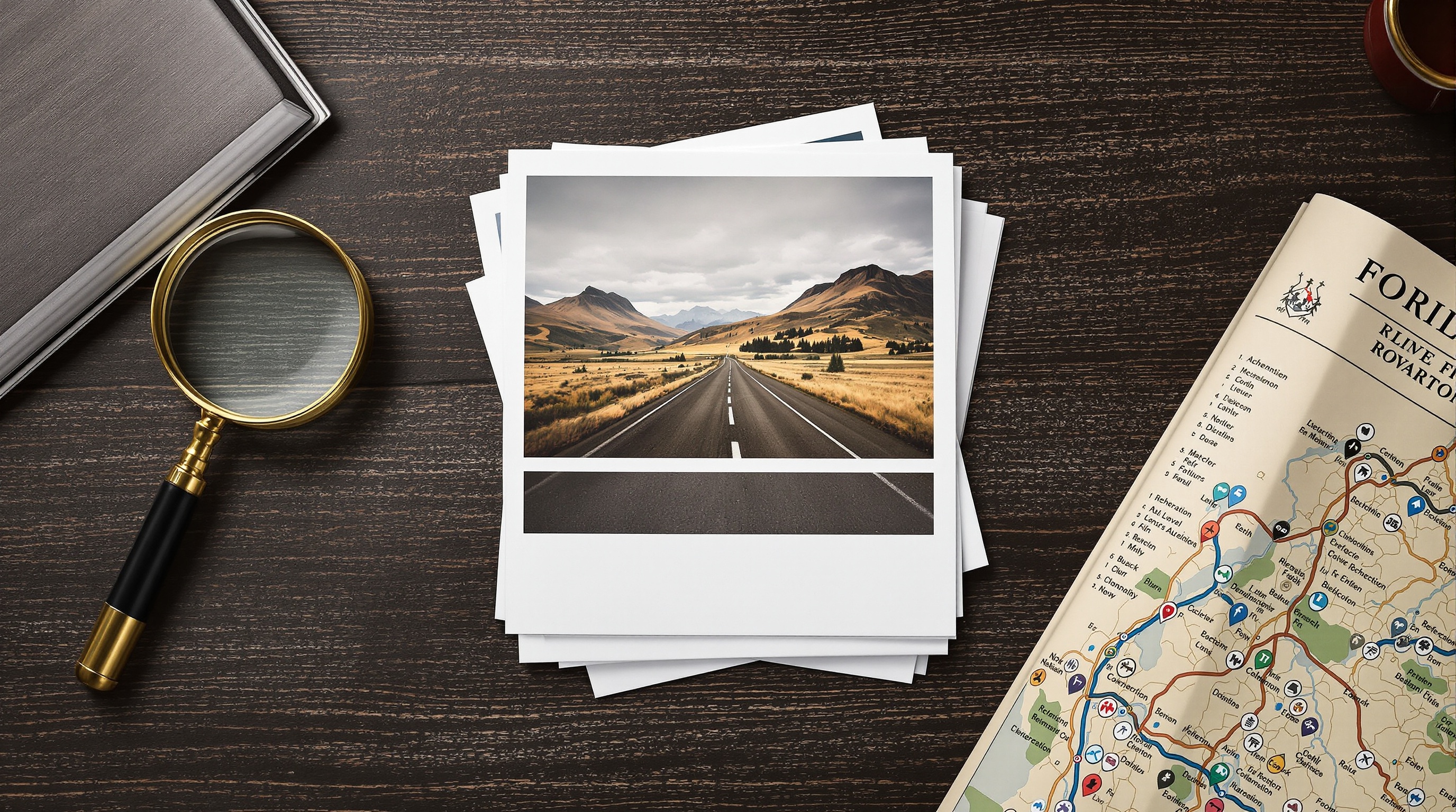 Stack of printed photographs on a desk with a magnifying glass and a folded paper map underneath