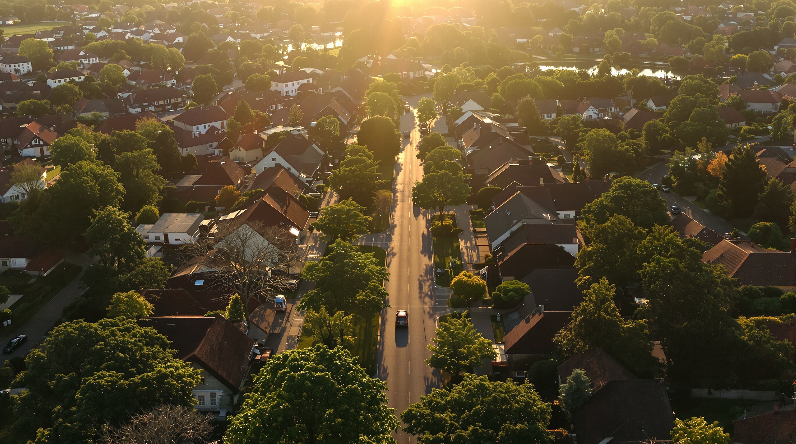 Aerial view of residential neighborhood streets at golden hour with long shadows from houses and trees