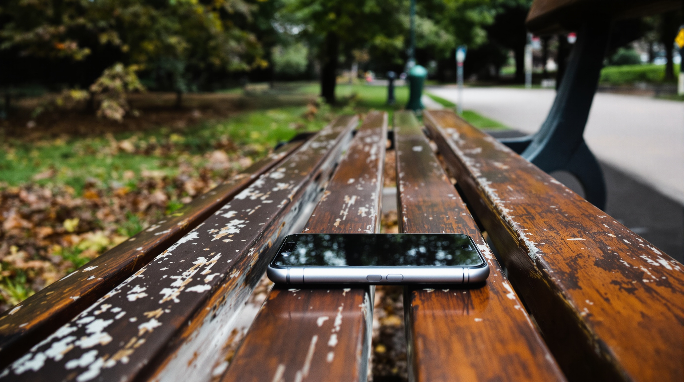Smartphone lying face-down on a park bench with trees and a walking path blurred in the background