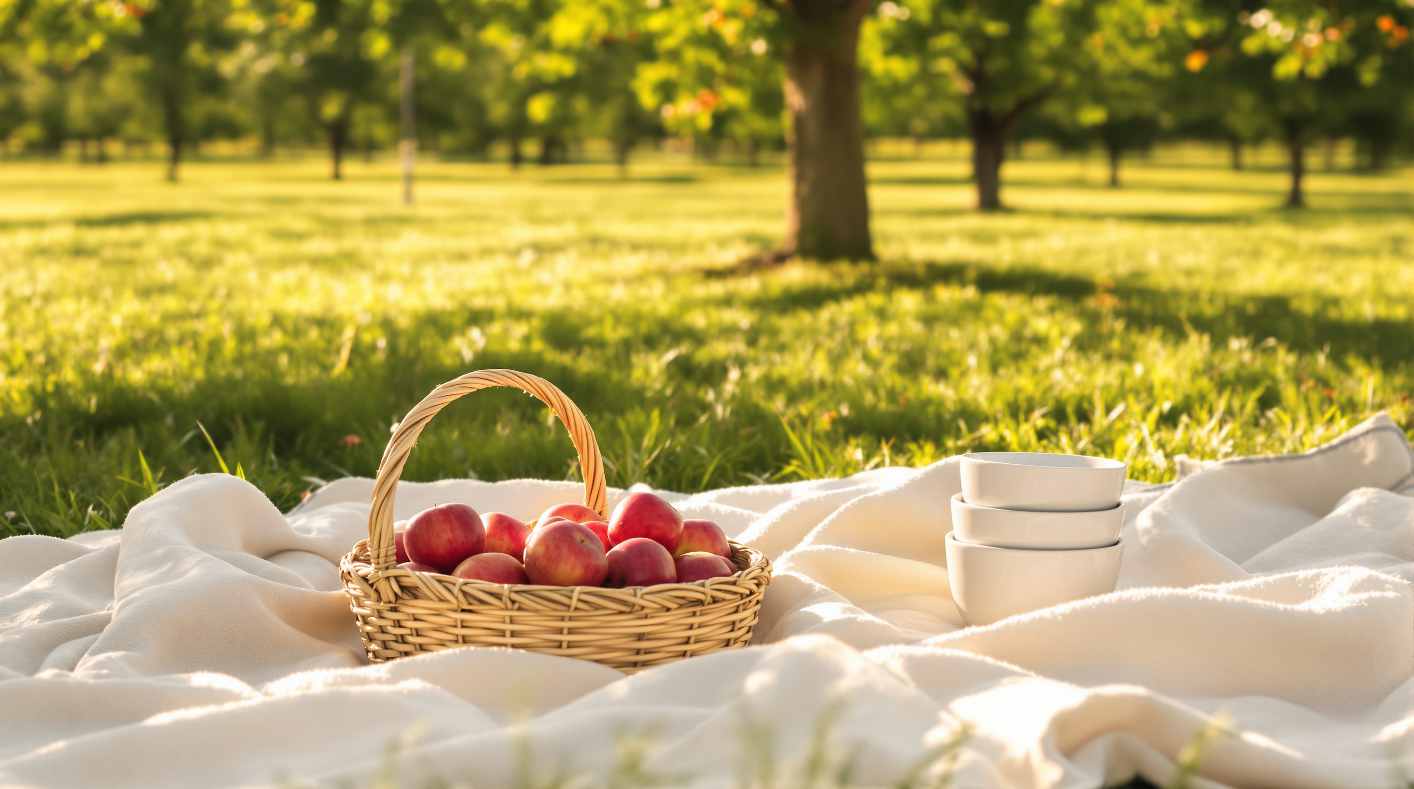 A basket of red apples and a stack of white bowls on a cream blanket spread under the trees of an orchard in evening sun