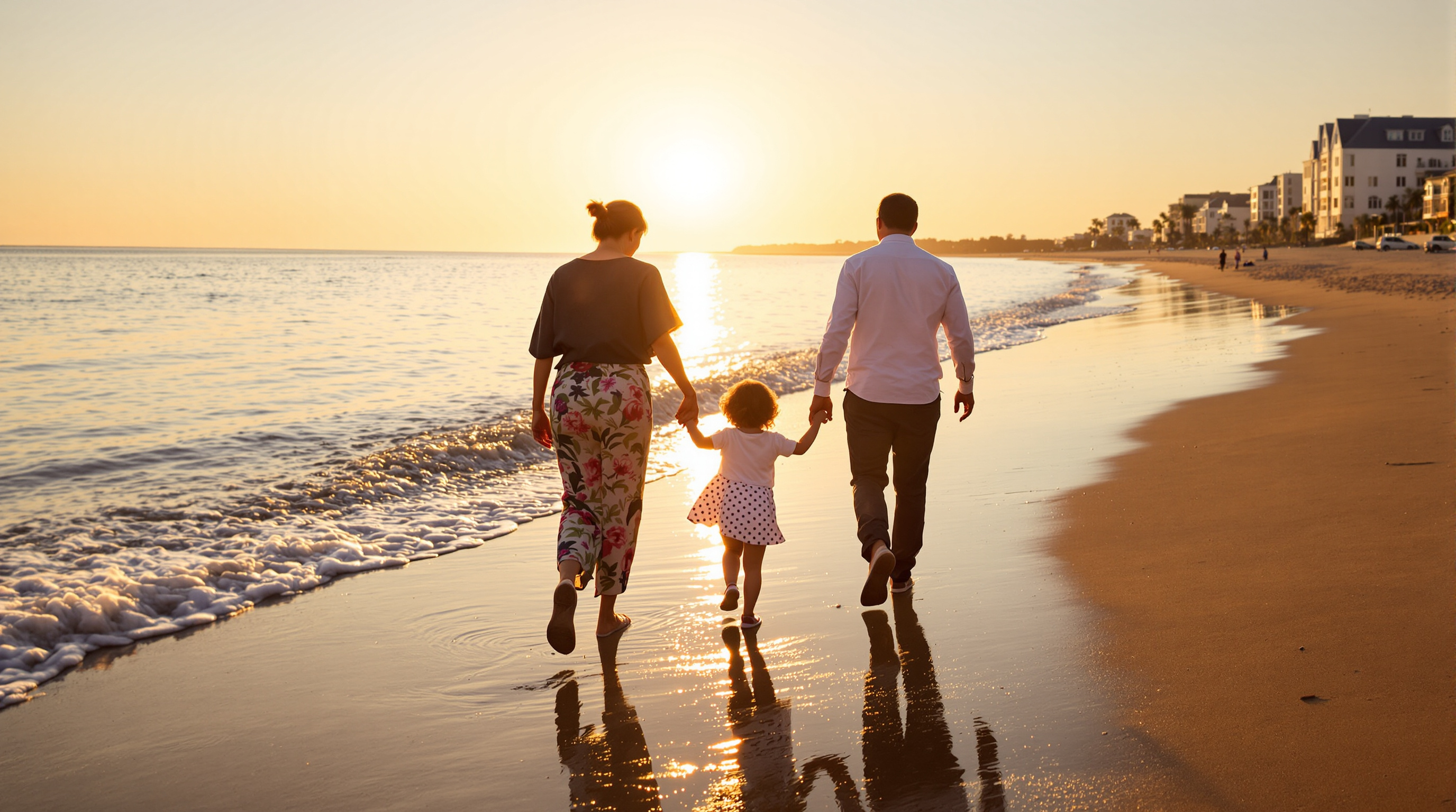 Two parents walking hand in hand with a small child along the water at a beach at sunset, seen from behind