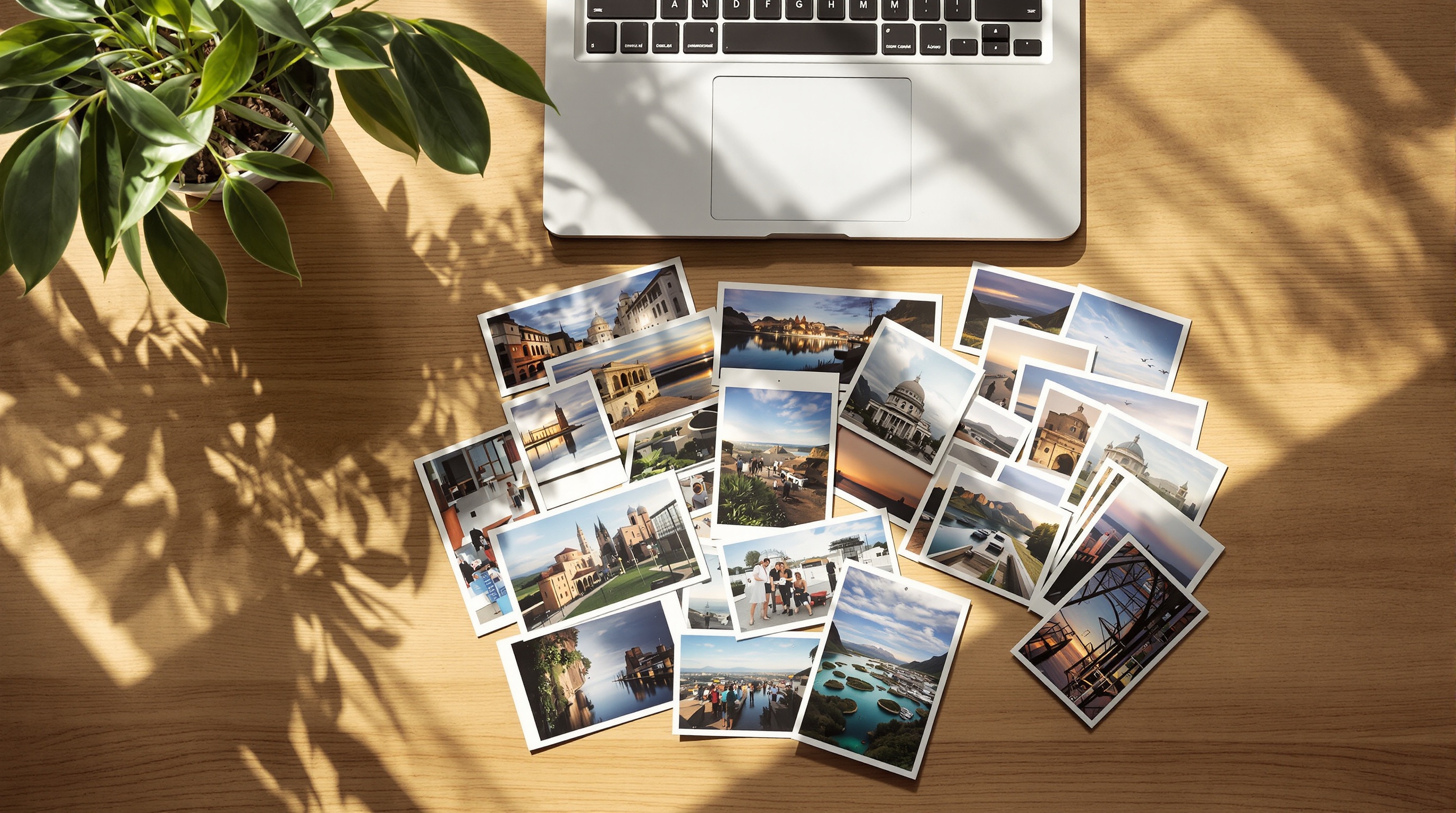Travel photos spread across a wooden coffee table next to a closed laptop and potted plant in warm afternoon sunlight