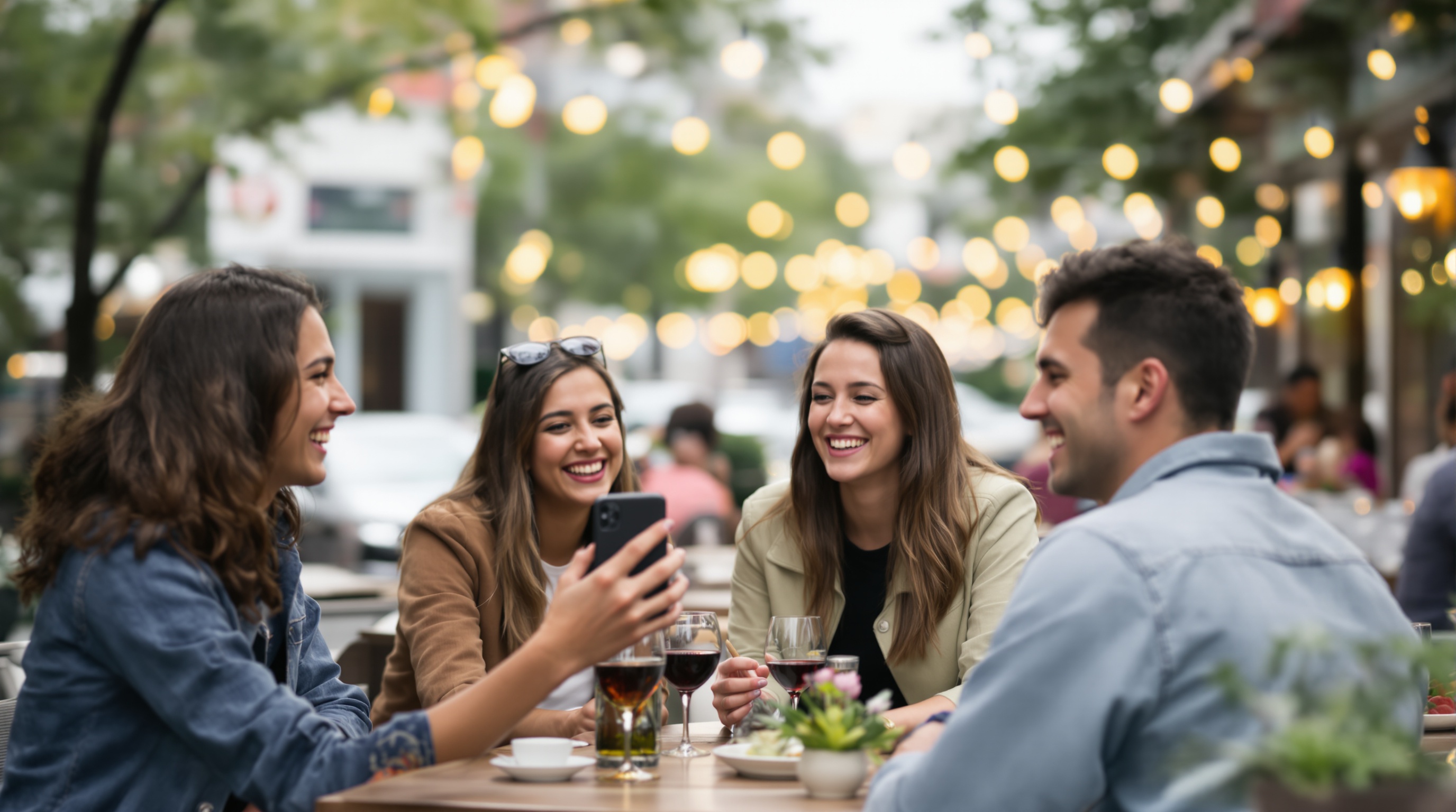 A group of friends at an outdoor cafe table, one holding up a phone while others lean in, seen from behind with bokeh string lights in background