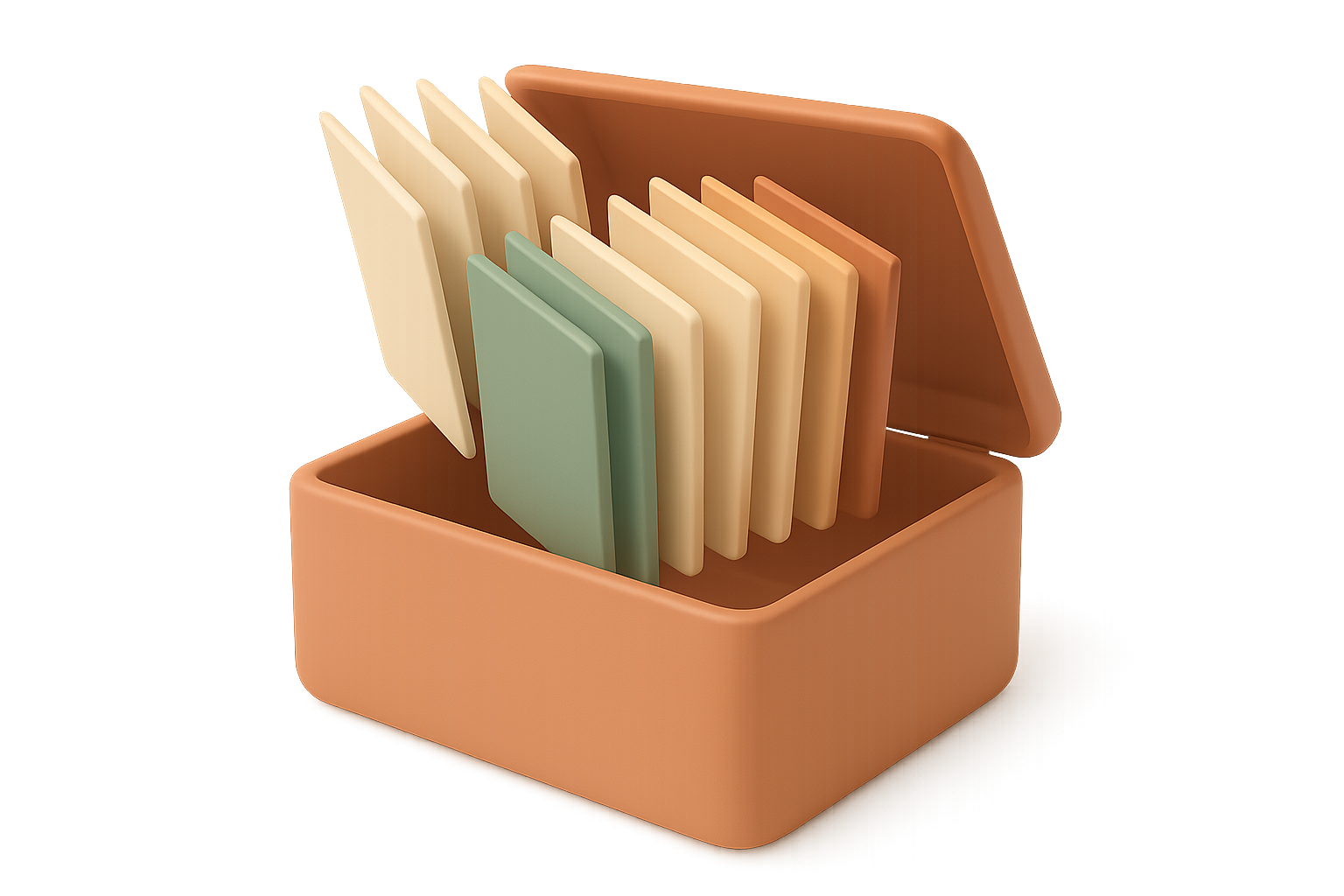 Illustration of one open rounded album box holding several separate upright stacks of photo prints, in matte terracotta and cream with a sage-teal stack among them