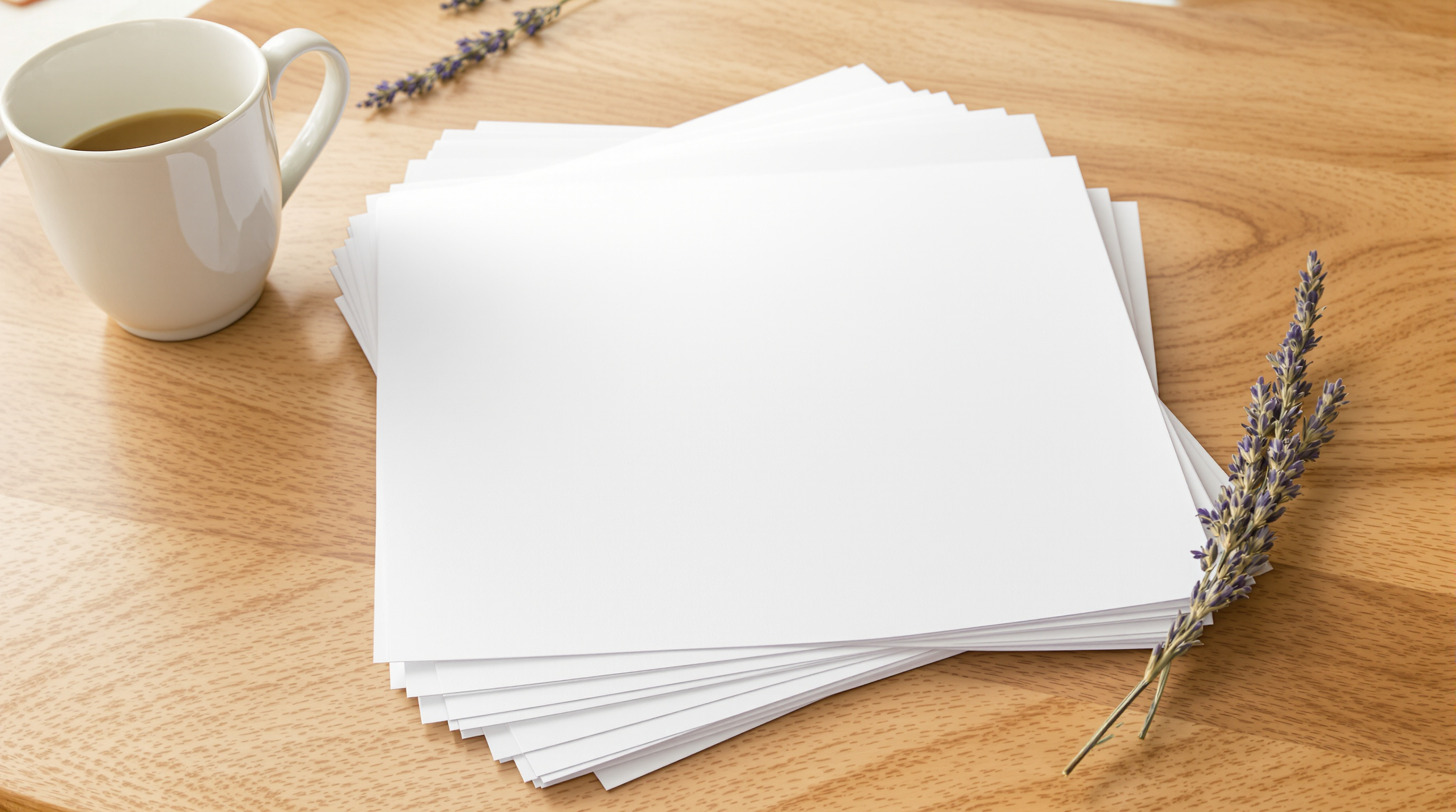 A stack of blank white paper prints on a warm oak table beside a white ceramic mug and a sprig of dried lavender