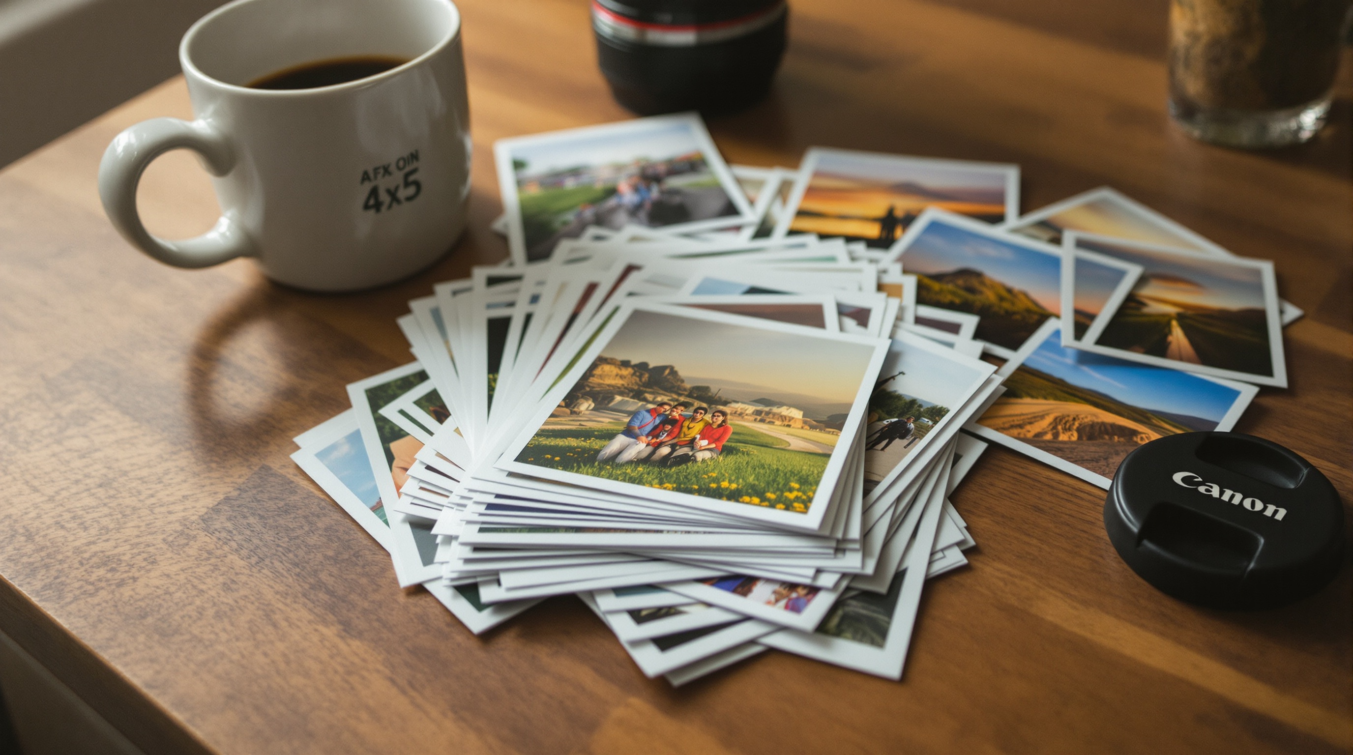 Stack of printed travel photos on a wooden table next to a coffee cup and a camera lens cap