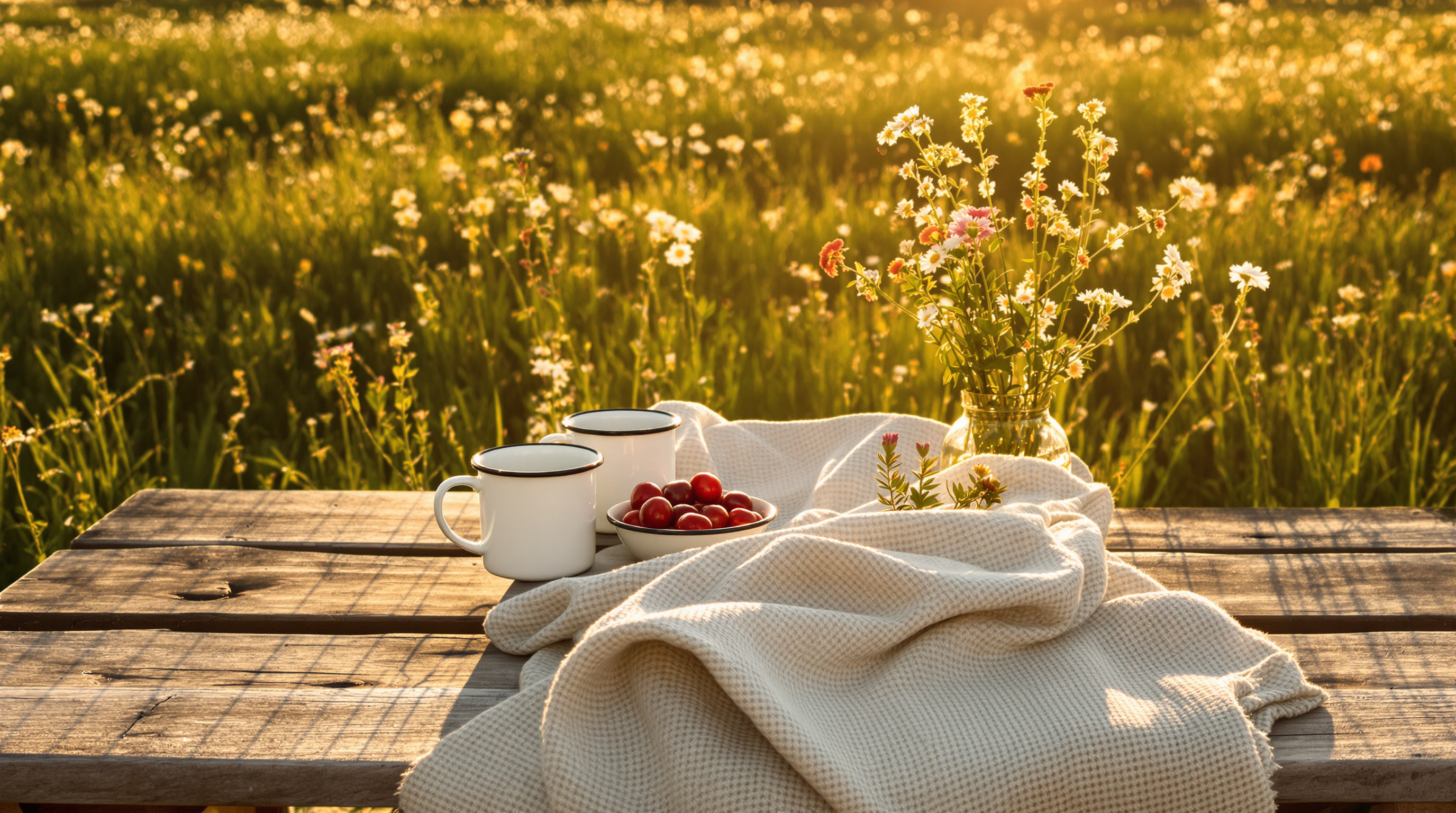 A weathered wooden picnic table in a flower meadow at golden hour, with a folded wool blanket, two enamel mugs, a bowl of cherries and a jar of wildflowers