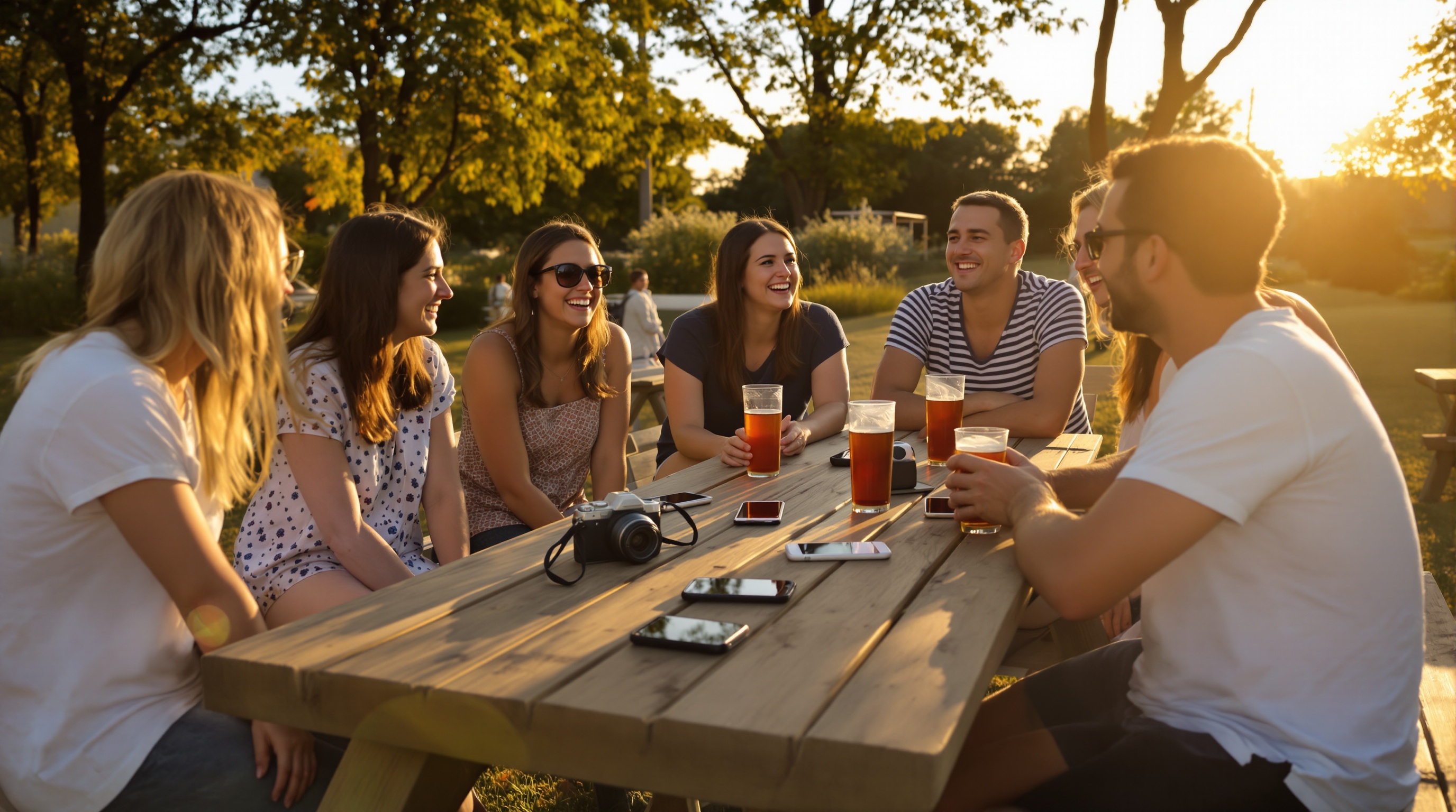 Group of friends sitting together at an outdoor table during golden hour, phones and cameras scattered on the wooden surface