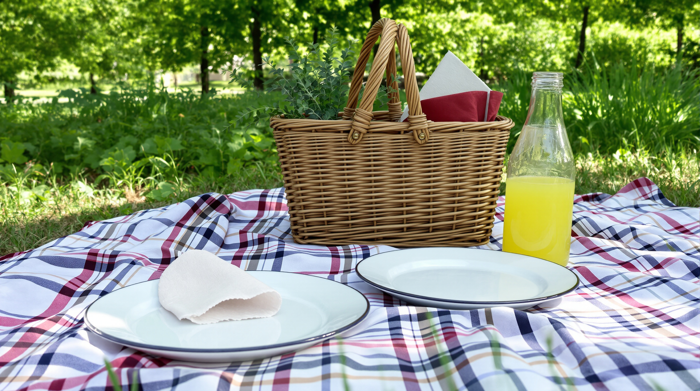 A checked picnic blanket in a park with a wicker basket, two enamel plates, a folded napkin and a bottle of lemonade in dappled afternoon light