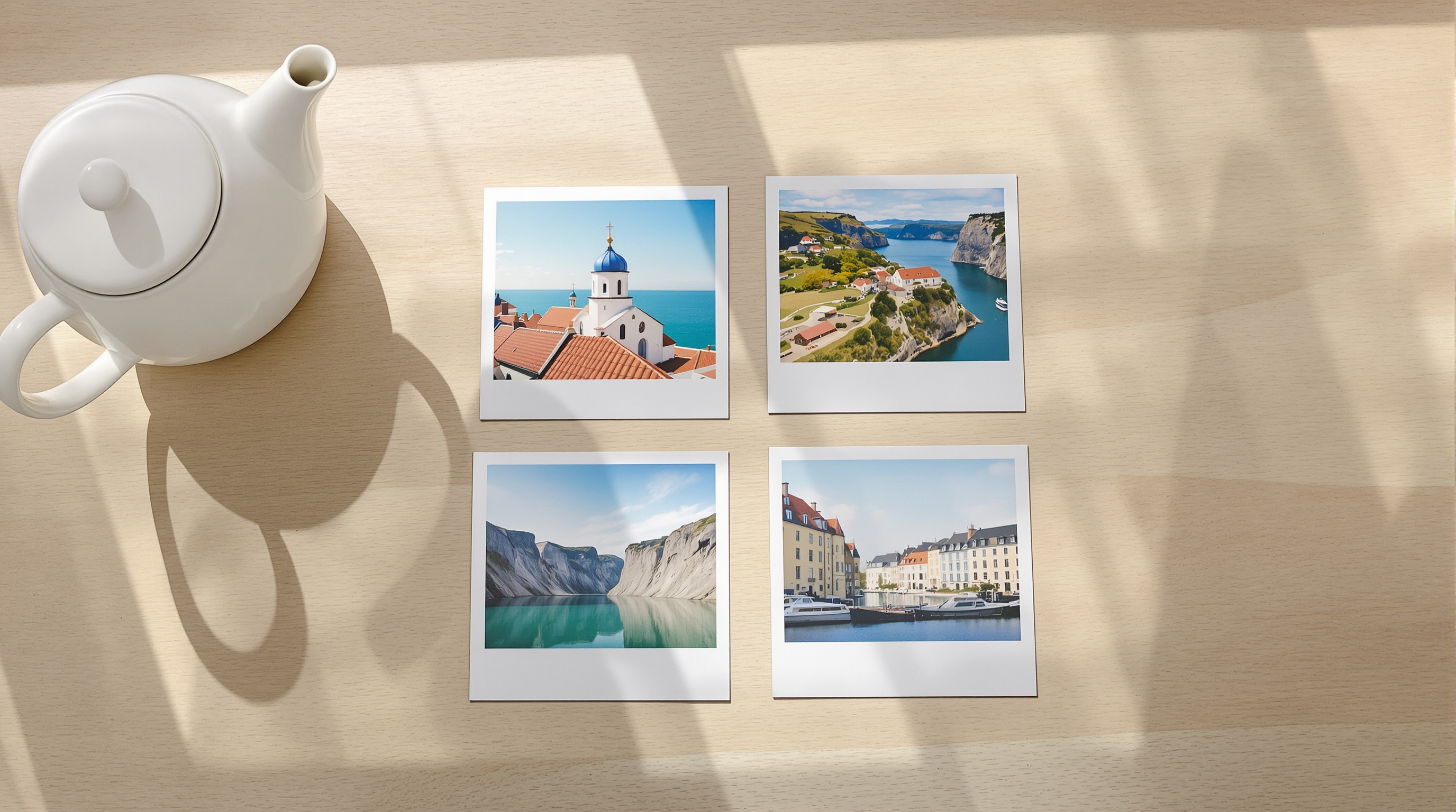 Four travel prints with white borders lying flat on a sunlit pale oak table beside a white teapot: a white chapel with a blue dome above the sea, green hills with houses over a sea inlet, gray cliffs above still turquoise water, and pale houses along a harbor with boats