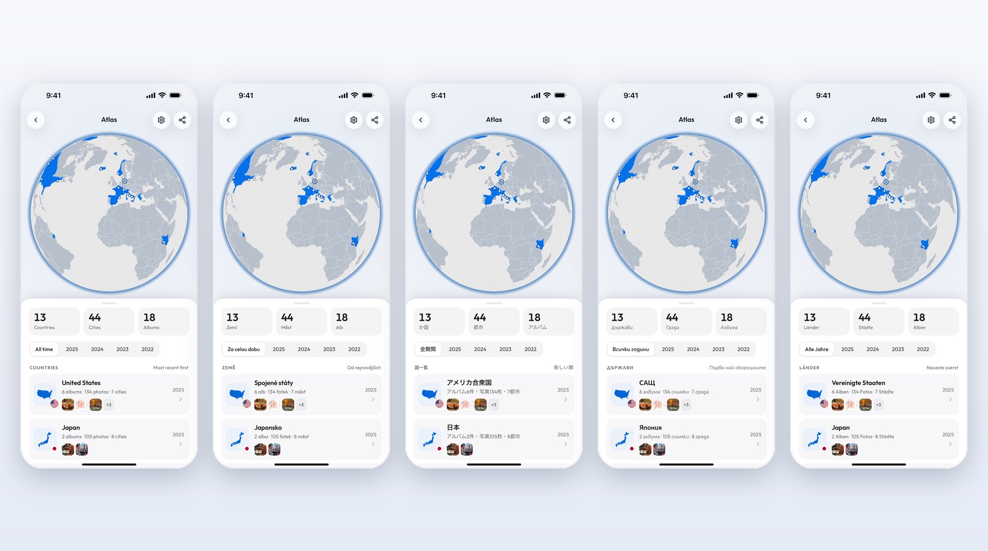 The Atlas of Viallo's demo account on five phones, each set to a different language: English with 13 Countries, 44 Cities and 18 Albums, Czech with Zemí, Měst and Alb over Spojené státy and Japonsko, Japanese with か国, 都市 and アルバム over アメリカ合衆国 and 日本, Bulgarian with Държави, Града and Албума over САЩ and Япония, and German with Länder, Städte and Alben over Vereinigte Staaten and Japan, the same globe turned to Europe and Africa on each