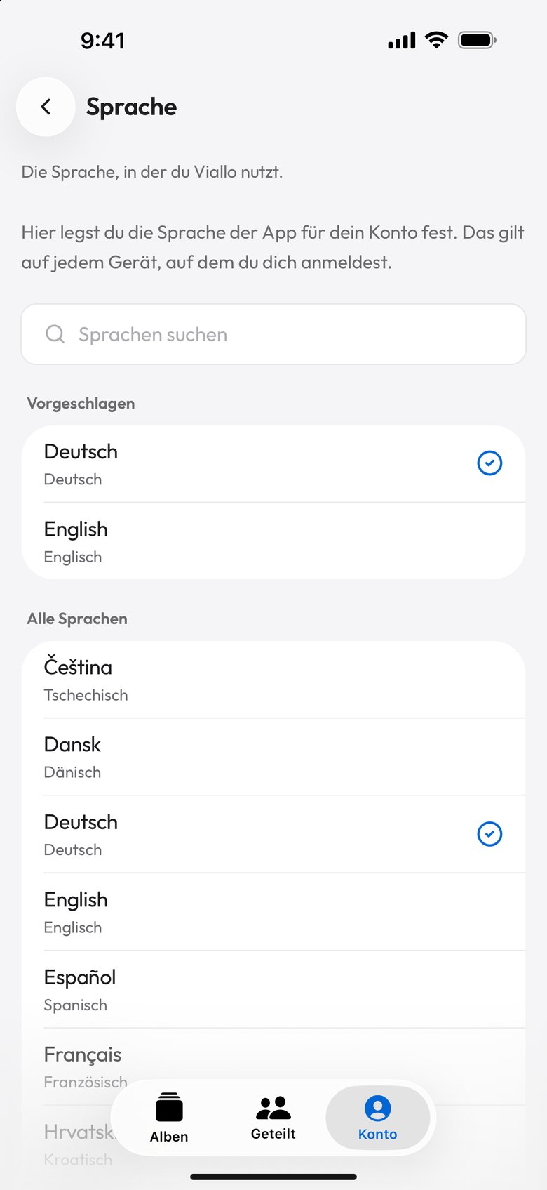 The same screen after choosing Deutsch, now titled Sprache, with Deutsch and English under Vorgeschlagen and Alle Sprachen listing Čeština Tschechisch, Dansk Dänisch, Deutsch, English Englisch, Español Spanisch and Français Französisch