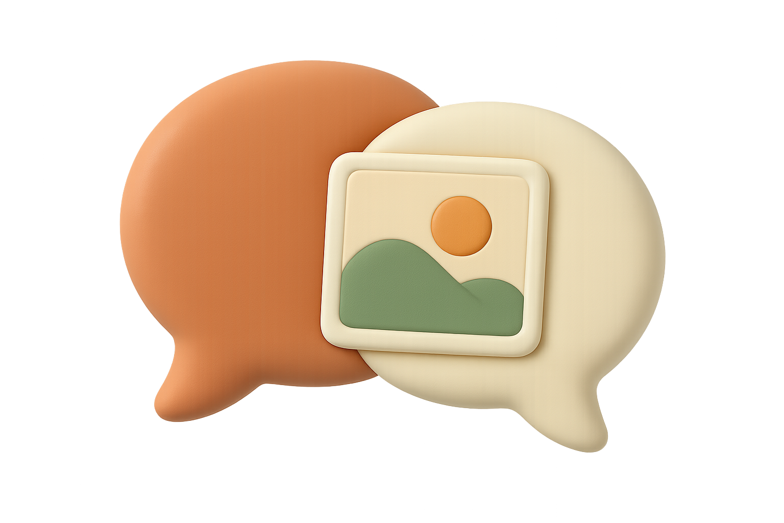 Illustration of two overlapping speech bubbles in terracotta and cream with a small photo print of a green hill and an amber sun between them, in a matte rounded style