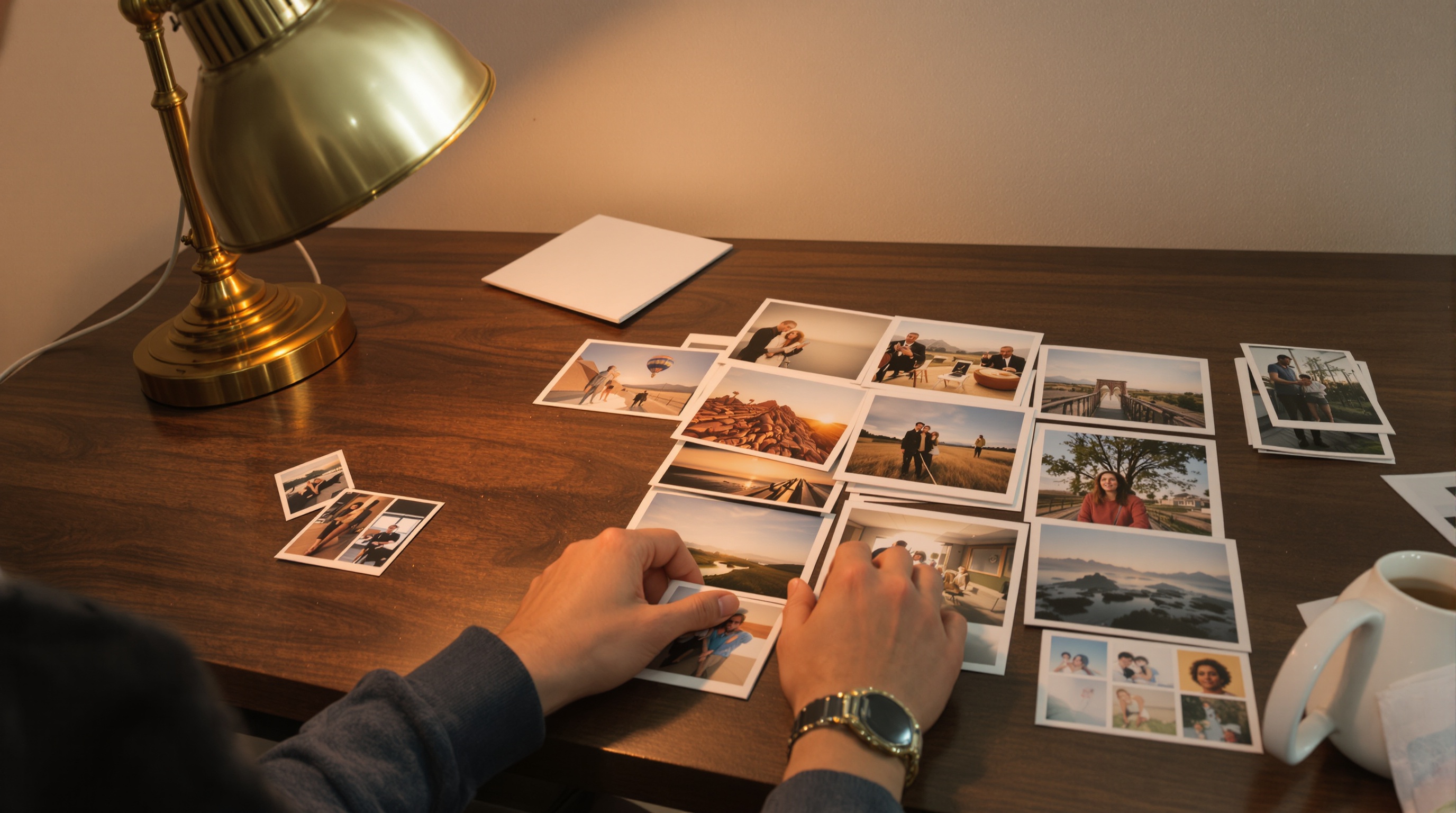 A photographer arranging printed photos on a dark walnut desk under warm desk lamp light