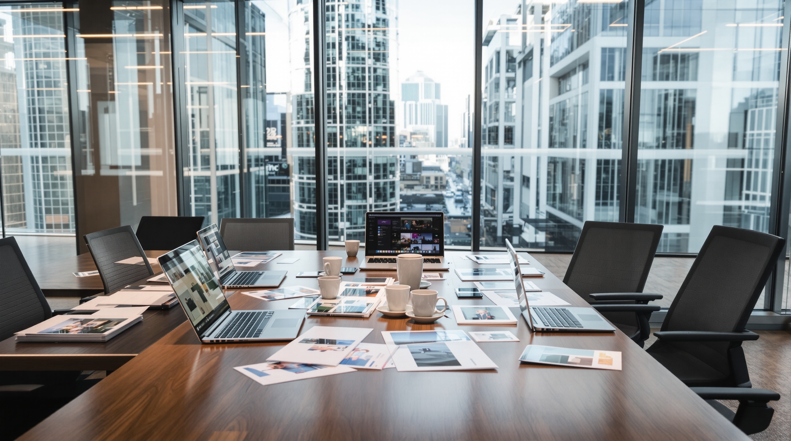 A conference room with open laptops and printed photo proofs on a table, modern office with large windows