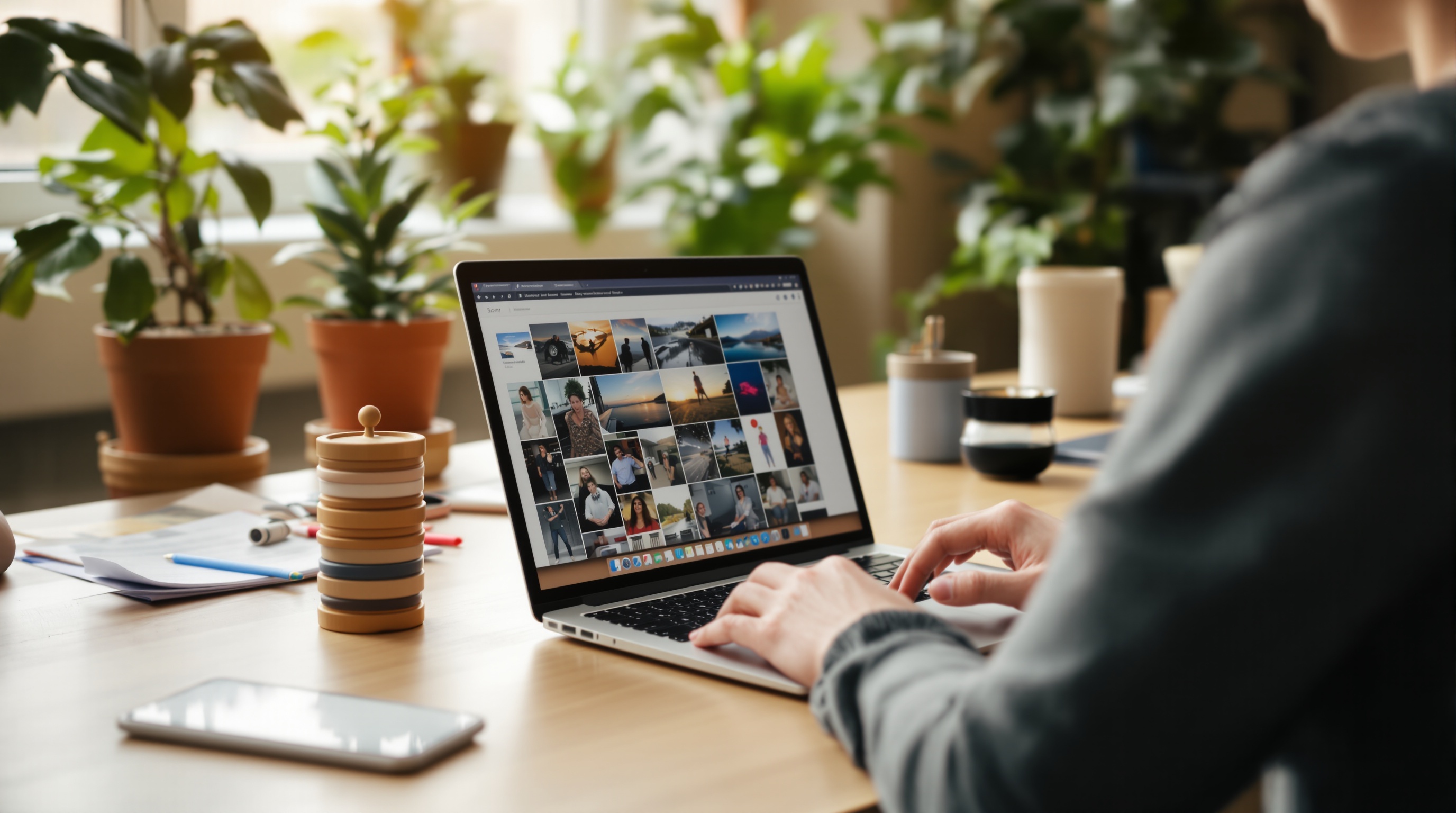 Person carefully selecting photos on a laptop screen in a cozy home office with natural light