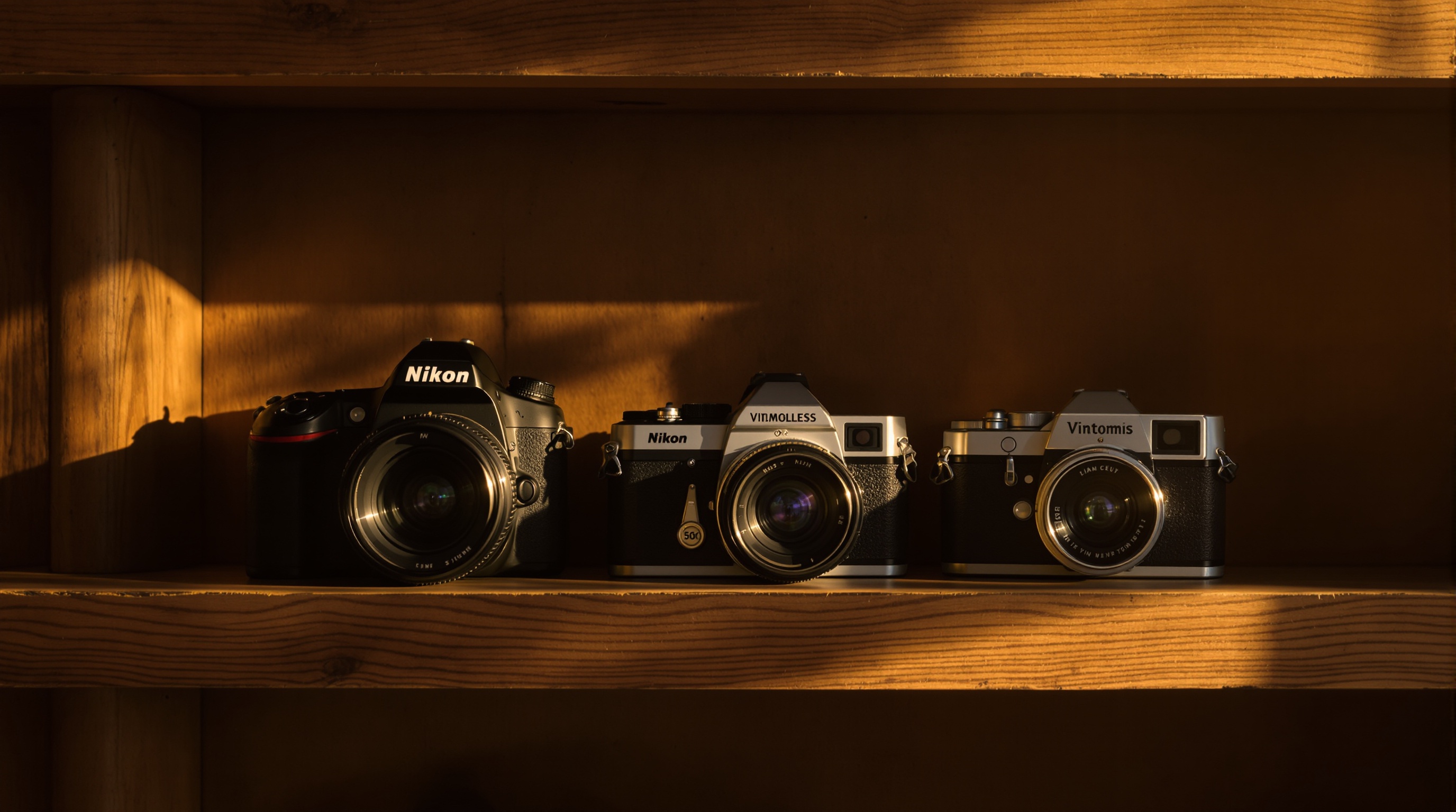 A row of different cameras on a wooden shelf bathed in warm golden hour side light