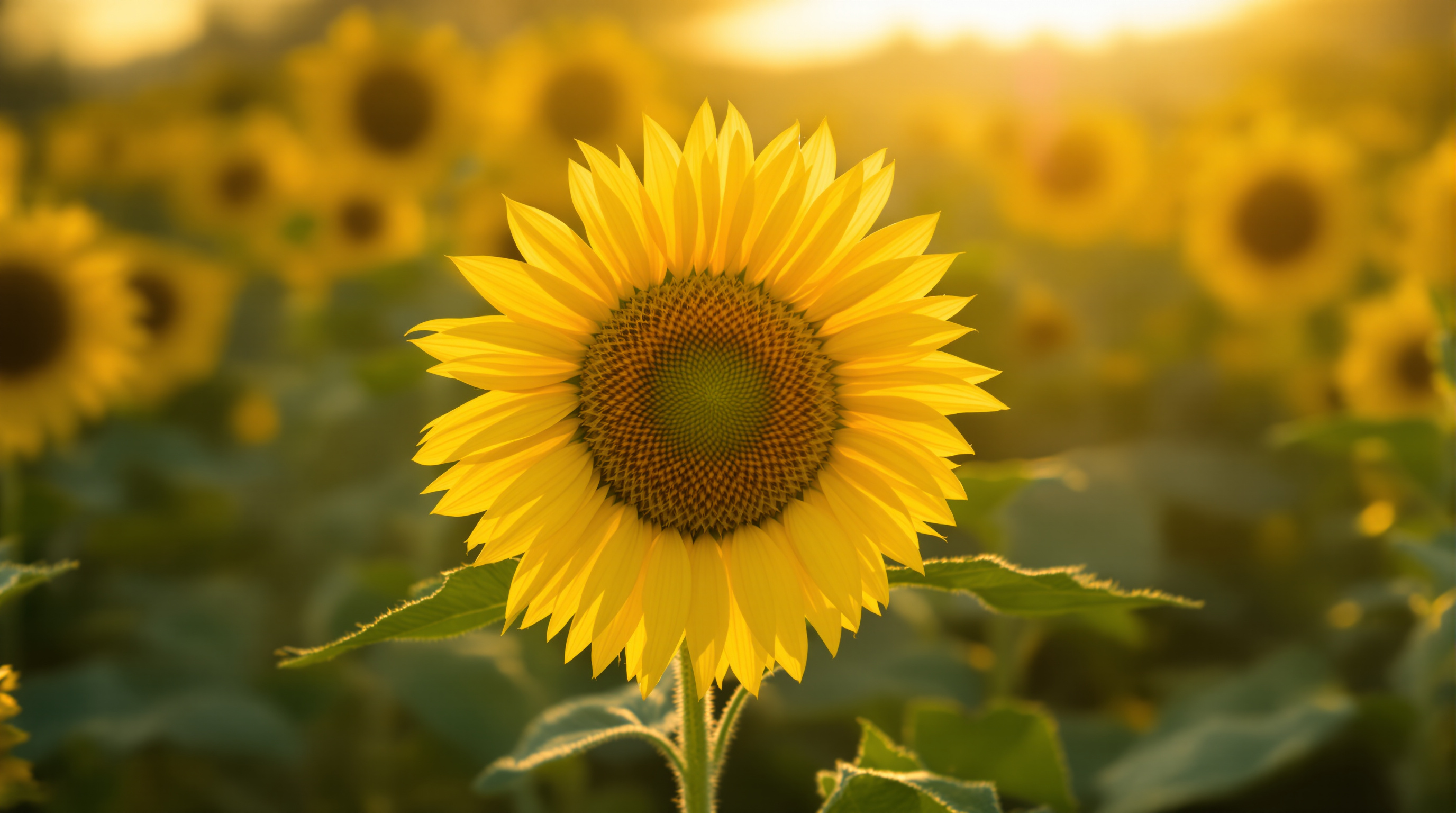 A sunflower in sharp focus in a field at golden hour