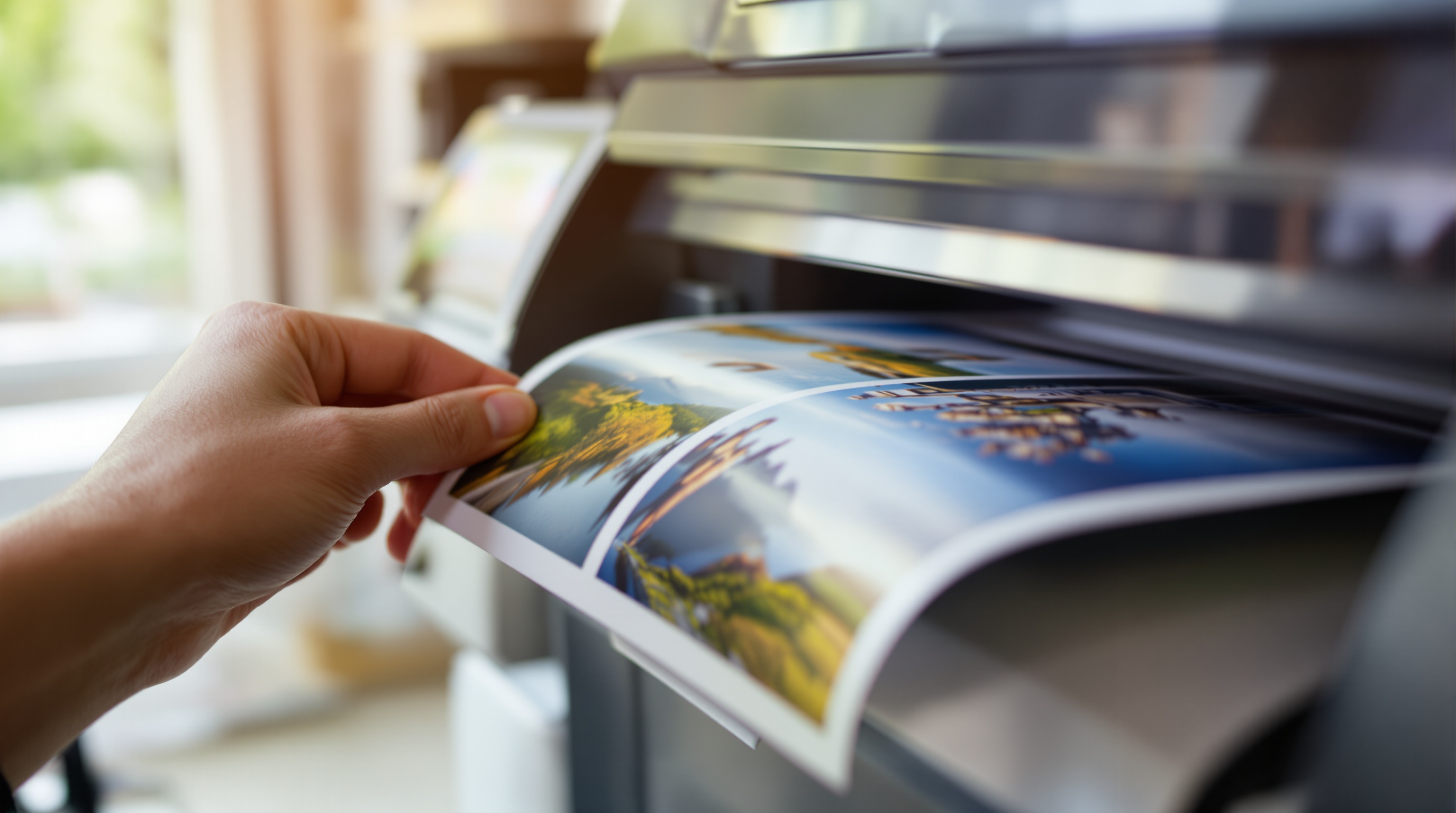 Close-up of a hand pulling a printed photograph from a professional photo printer showing vivid detail