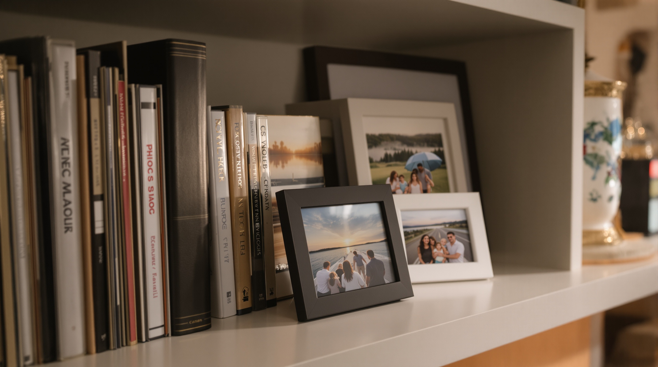 Neatly organized photo albums on a shelf next to a phone showing a cloud storage dashboard