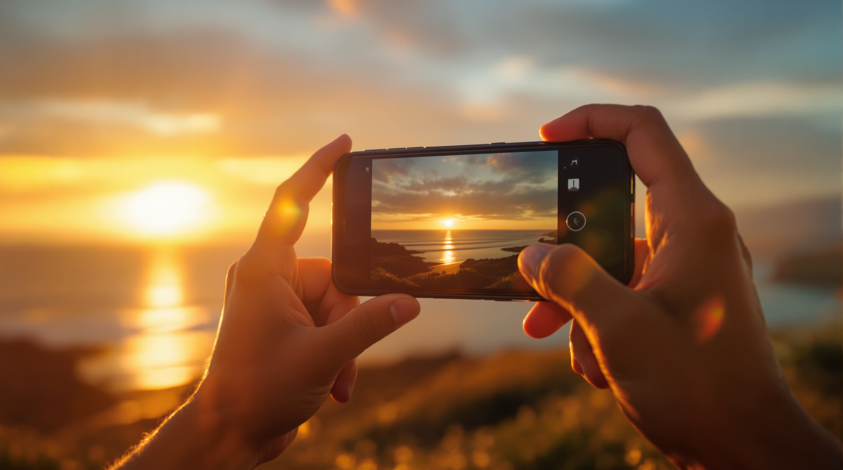 Person recording a 4K video on their phone at a sunset viewpoint with visible storage indicator on screen