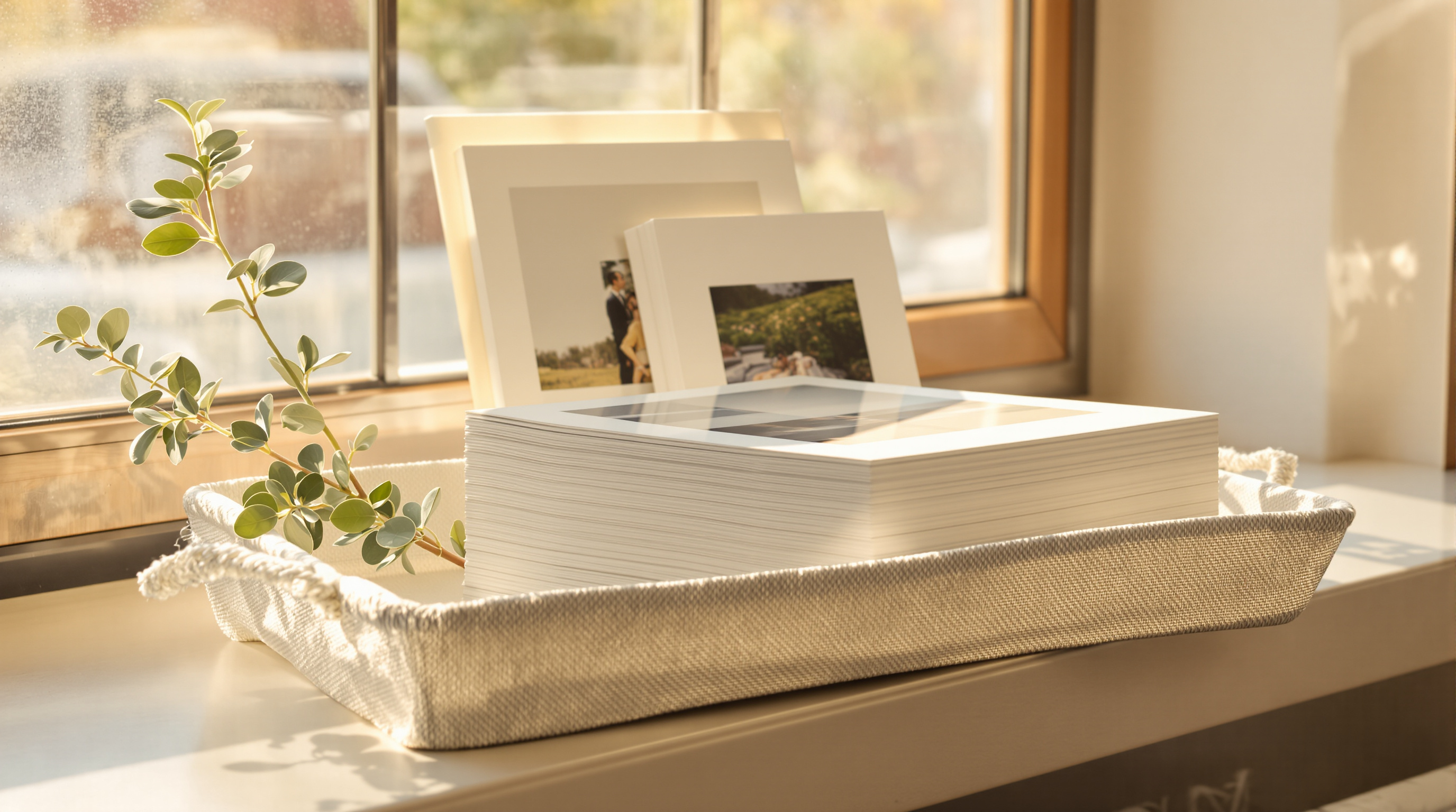 A squared-up stack of photographic prints in a shallow linen tray on a sunlit windowsill, loose prints leaning against the glass