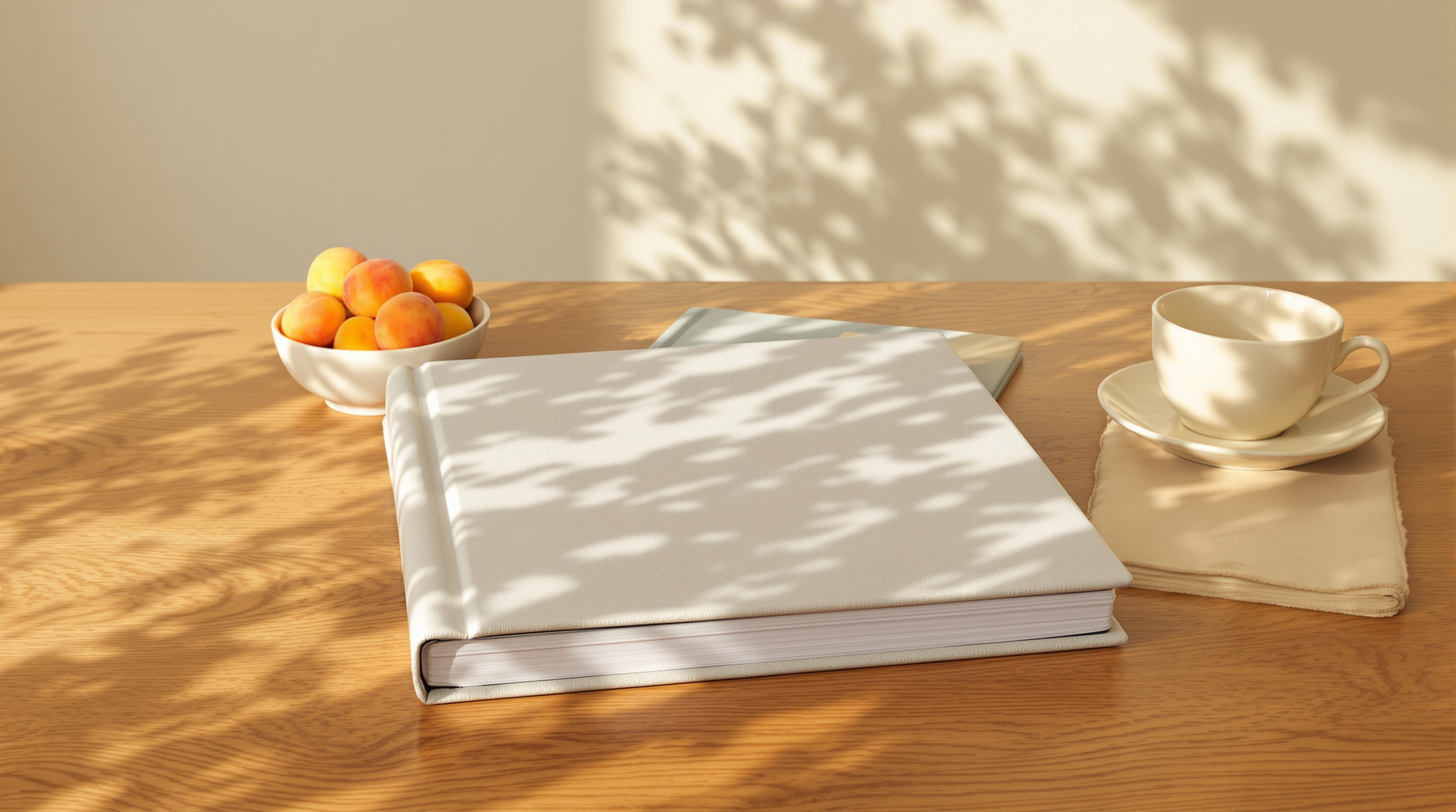 A closed linen photo album on a sunlit oak table beside a bowl of apricots and a cream teacup
