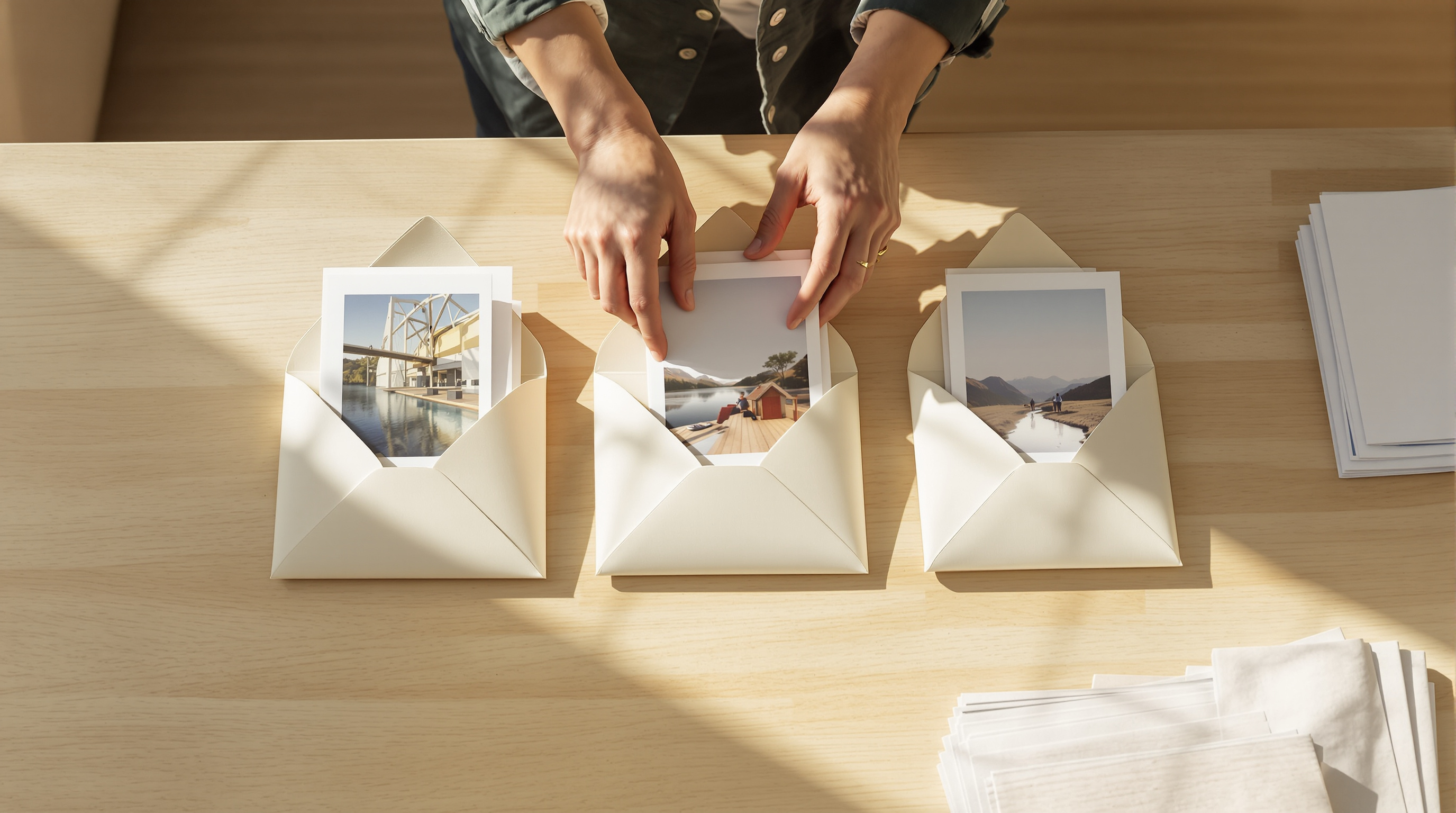 Hands sliding photographic prints into three open paper envelopes side by side on a pale oak table in warm morning light