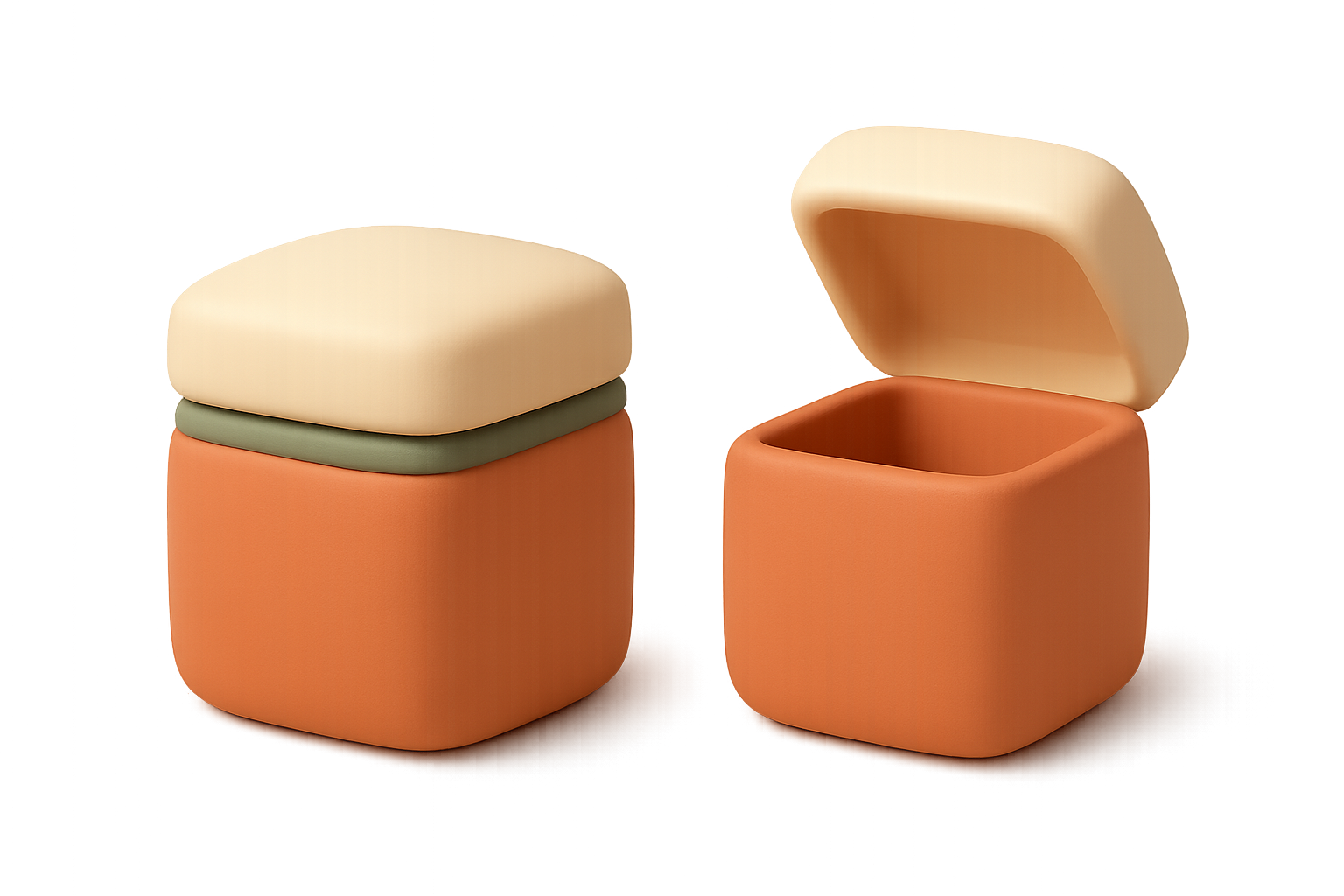 Two identical soft-3D parcels side by side, the left sealed and full, the right open and empty