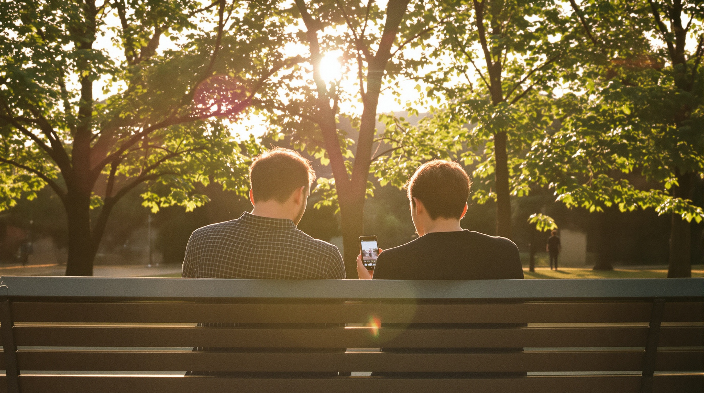 Two people looking at a phone together in a park, photographed from behind with soft afternoon light filtering through trees