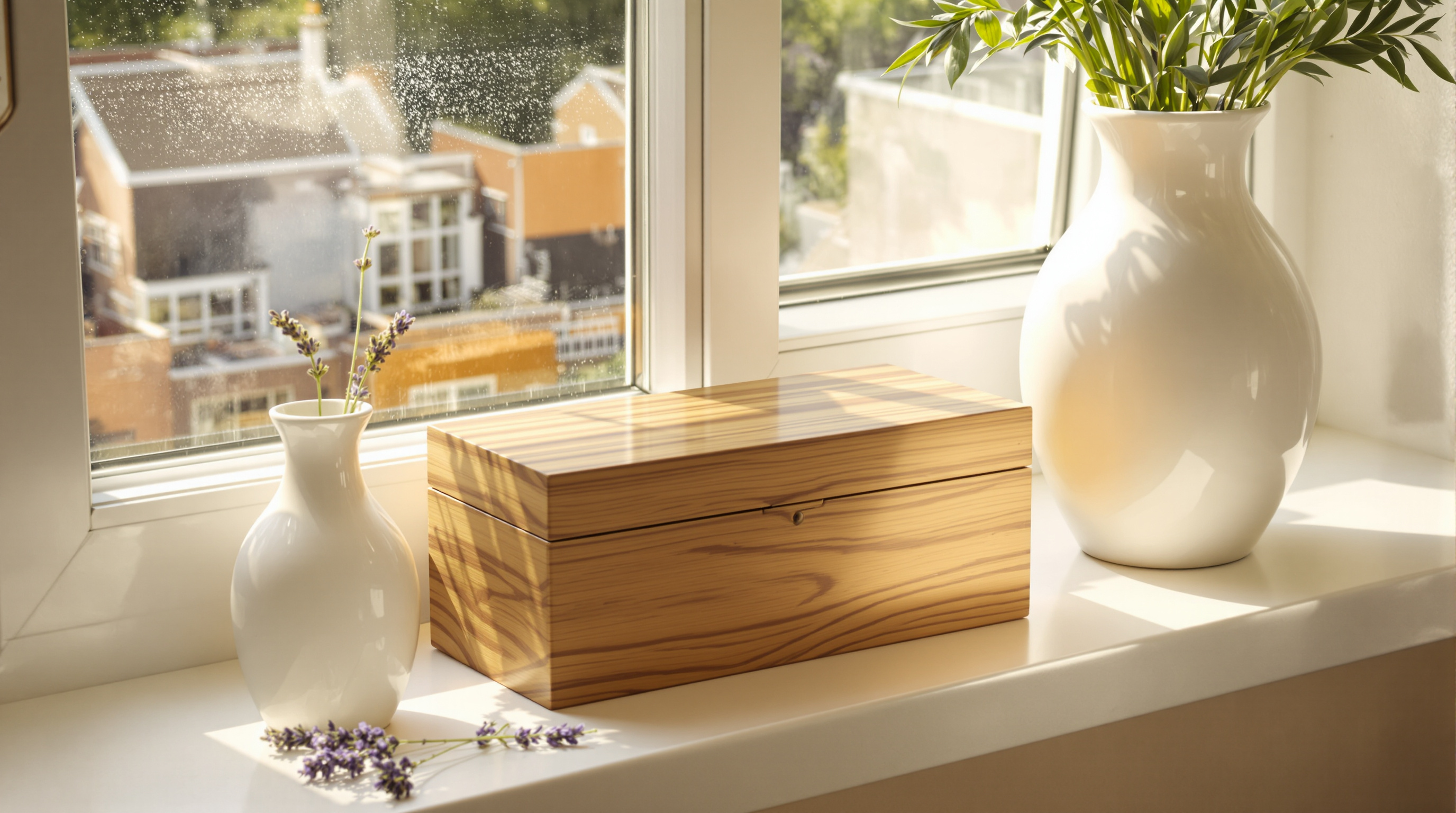 A closed wooden keepsake box on a sunlit windowsill beside white vases and lavender