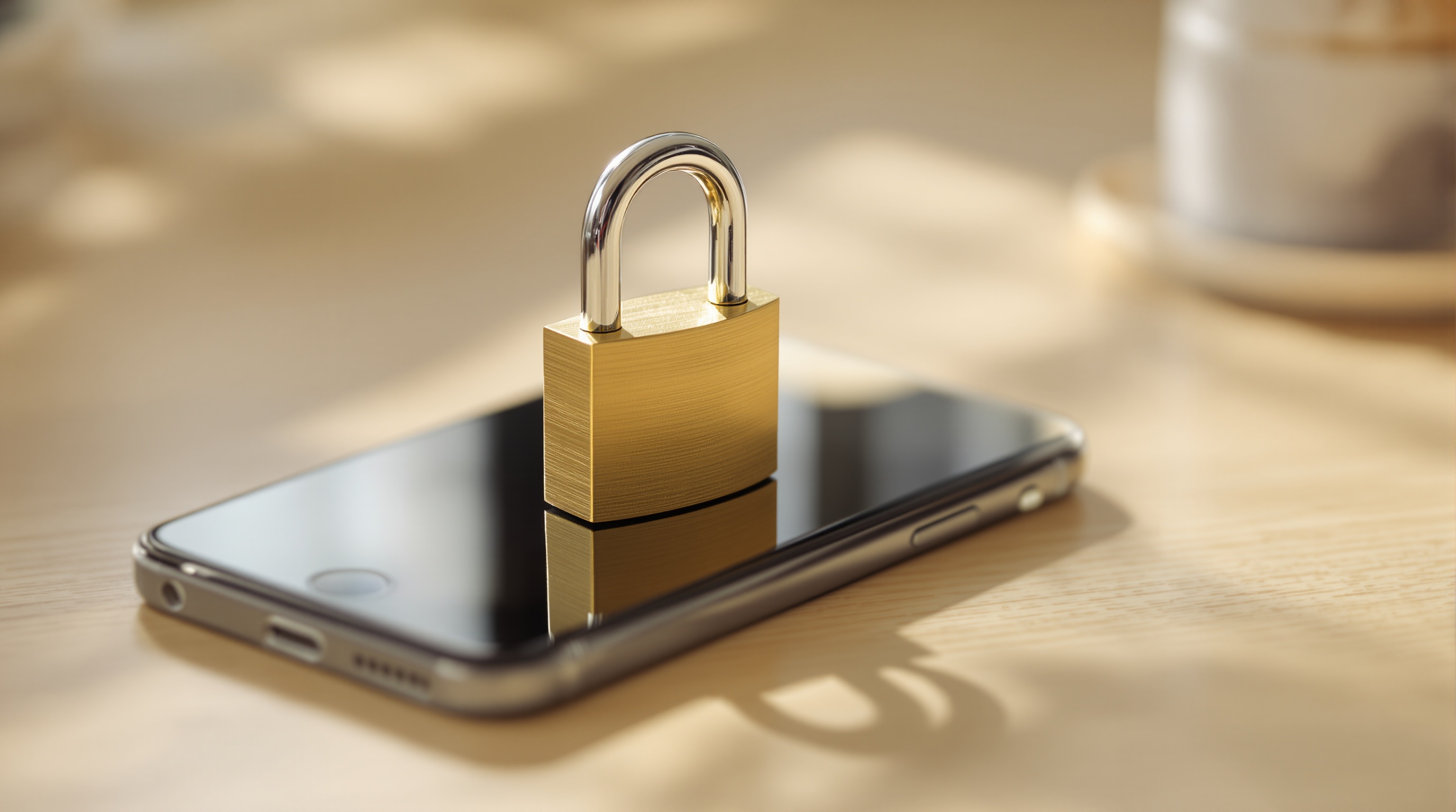 A locked padlock sitting on top of a smartphone on a wooden desk, shot with shallow depth of field and warm side lighting