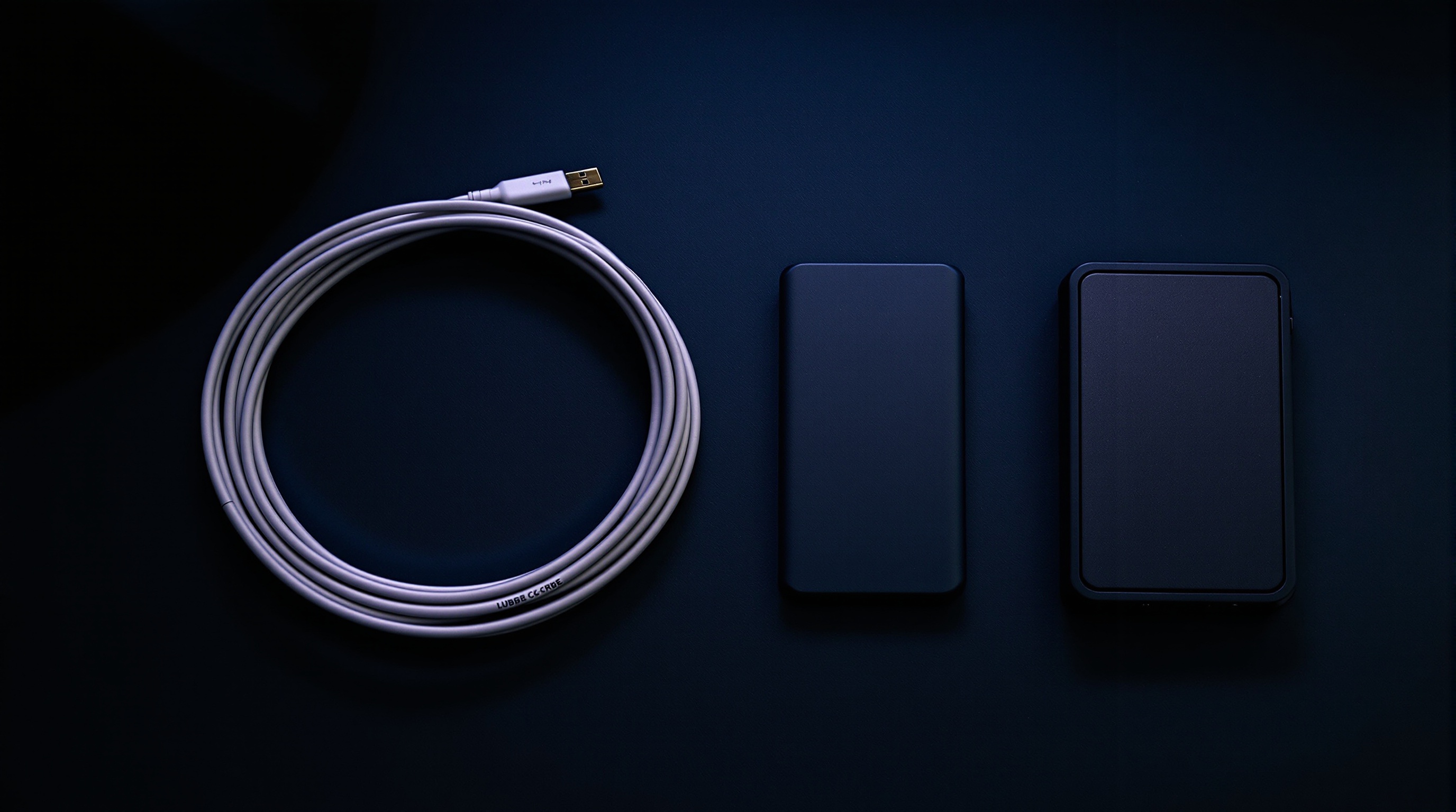 A USB cable connected to a smartphone lying on a dark surface, photographed with dramatic top-down lighting